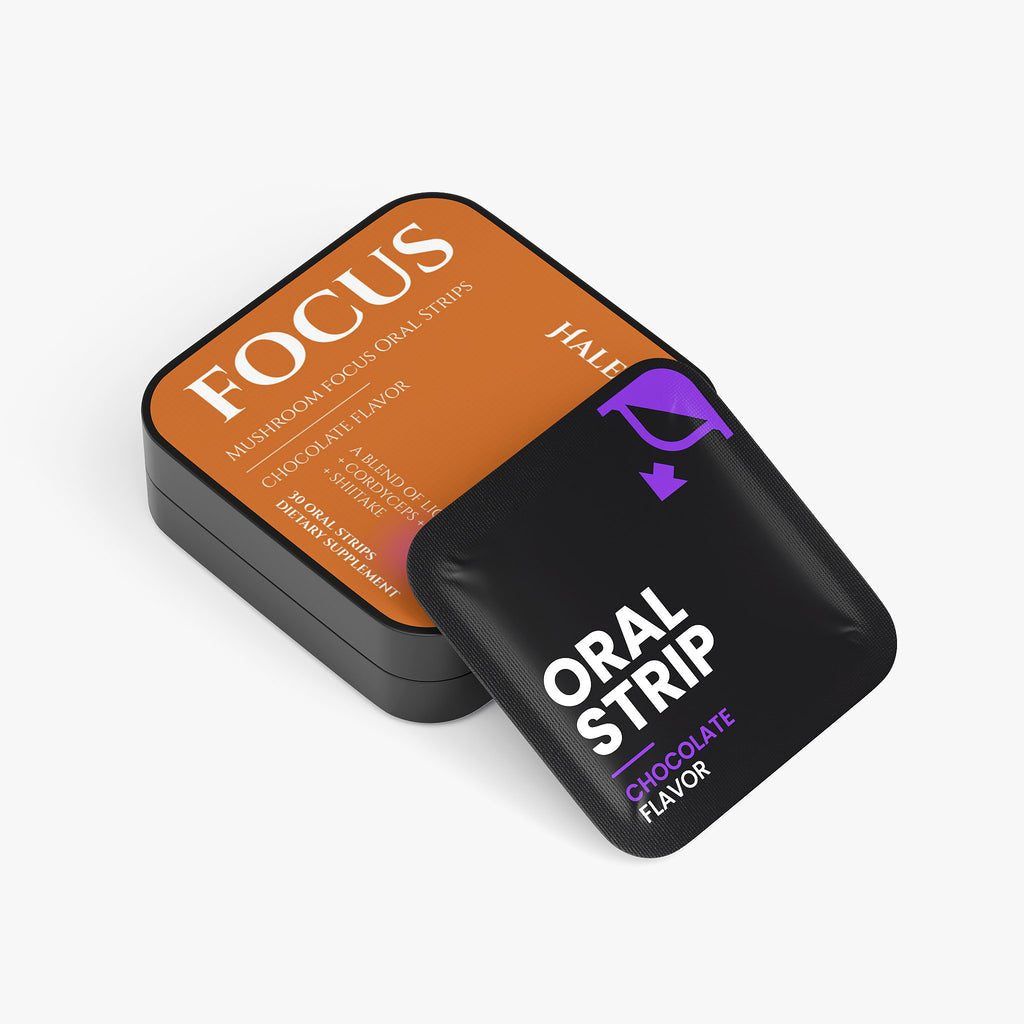 Halea Life Focus Vitality Mushroom Strips supplement facts with lion's mane cordyceps and reishi dosage
