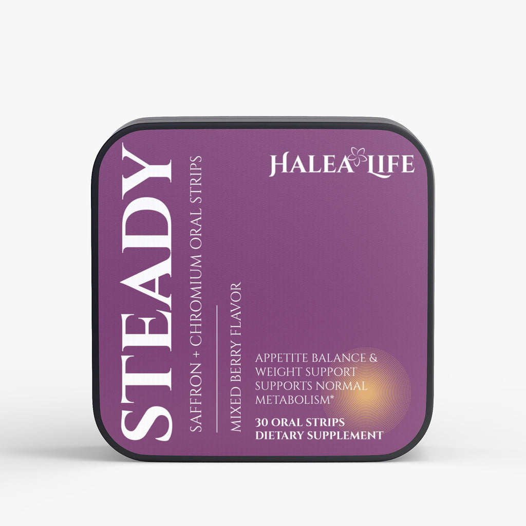 Halea Life Saffron Chromium Dissolvable Strips front label with Chromium Picolinate Molybdenum and Saffron blend