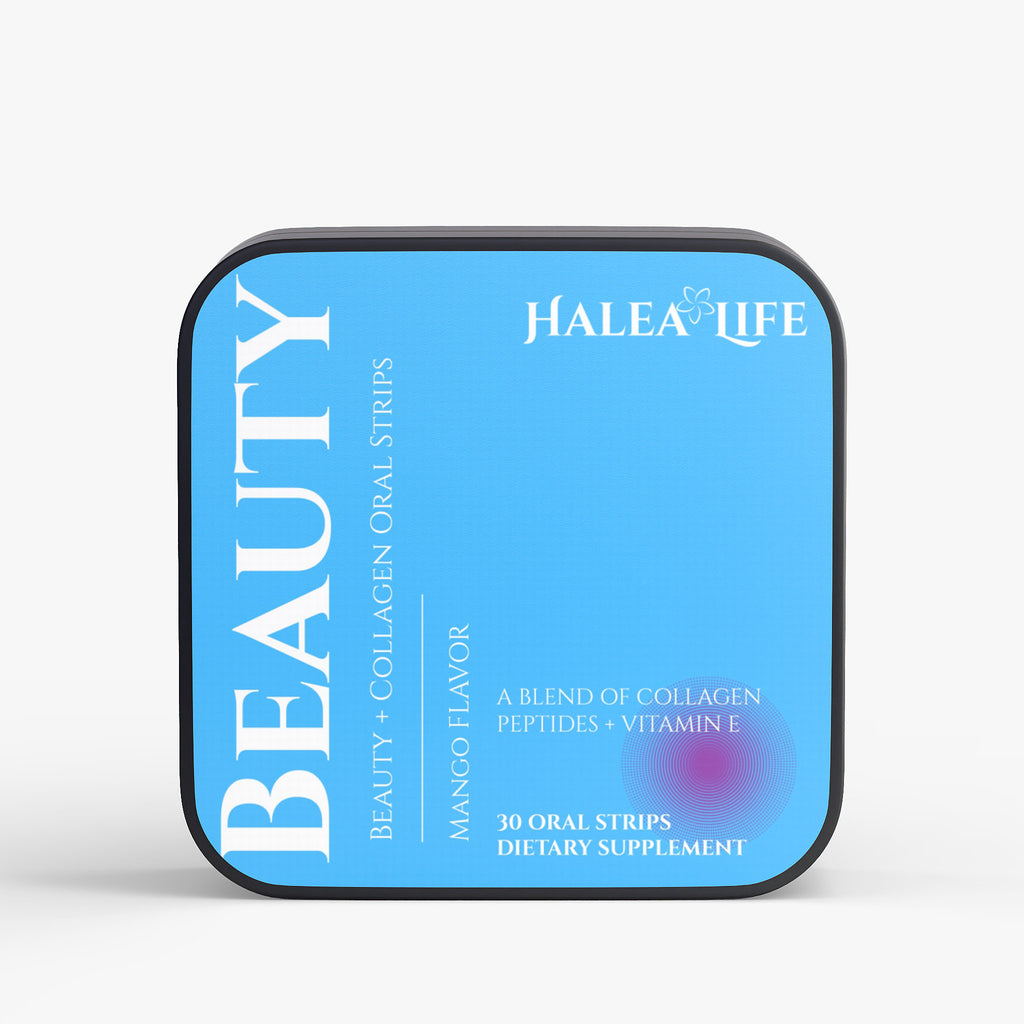 Halea Life Beauty Oral Strips front label with collagen and vitamin E for skin elasticity and radiance
