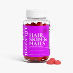 Halea Life Hair Skin Nails Gummies supplement facts panel with biotin collagen and vitamin E per gummy