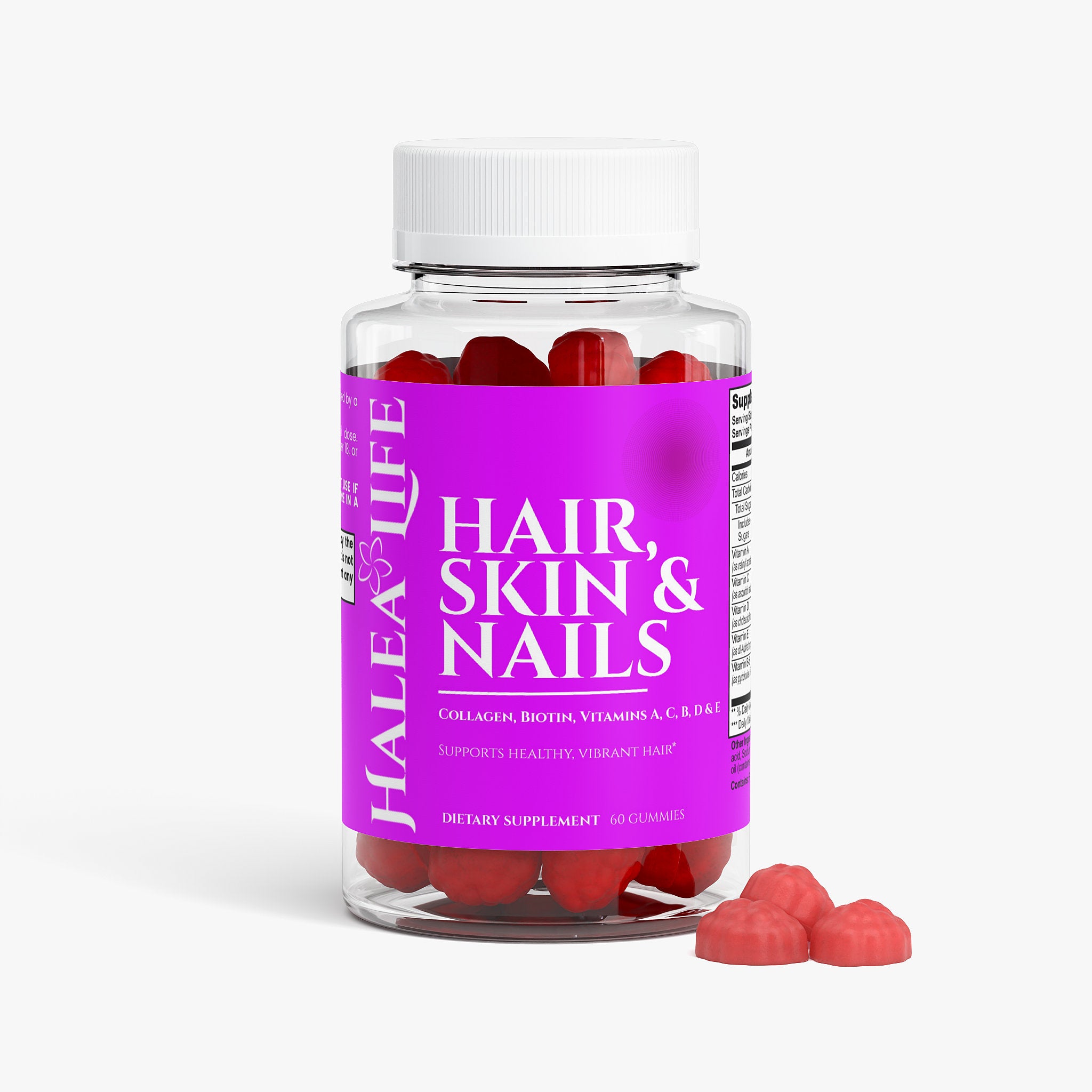 Halea Life Hair Skin Nails Gummies supplement facts panel with biotin collagen and vitamin E per gummy
