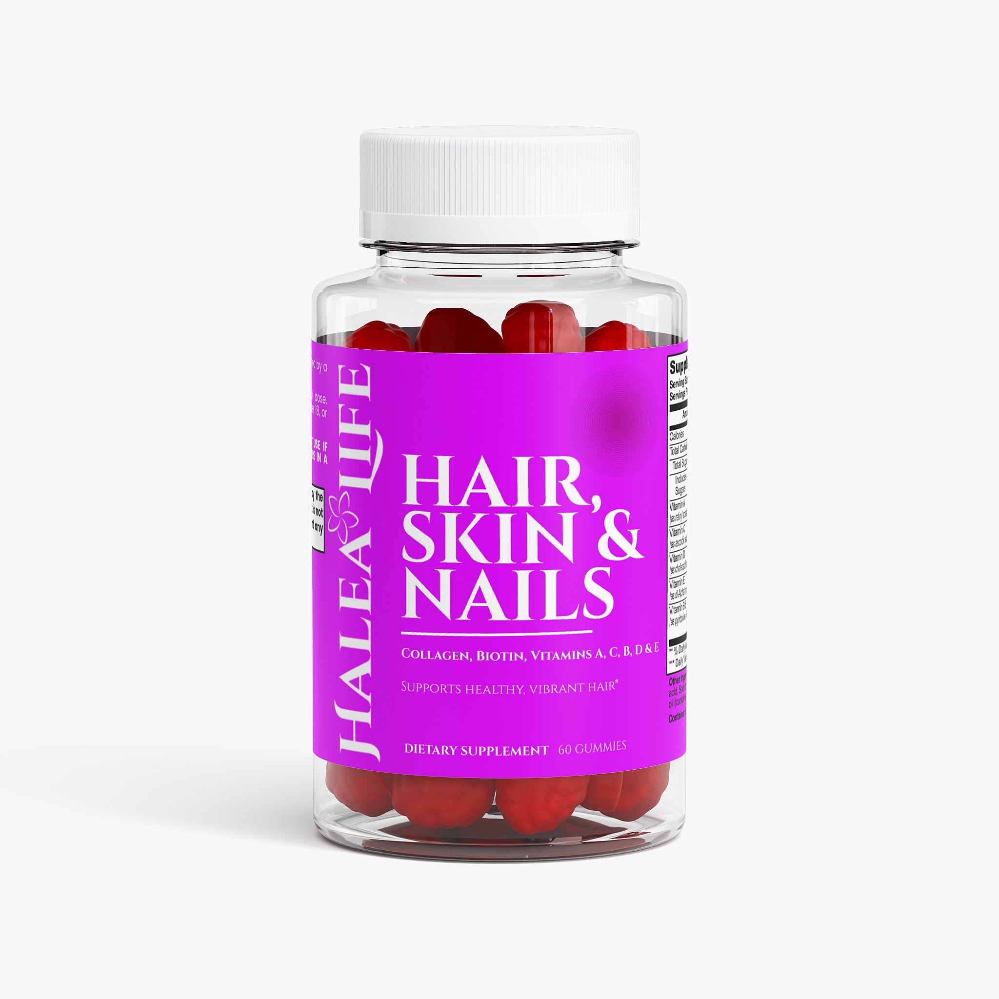 Halea Life Hair Skin Nails Gummies front label with biotin 5000mcg and collagen peptides for beauty support
