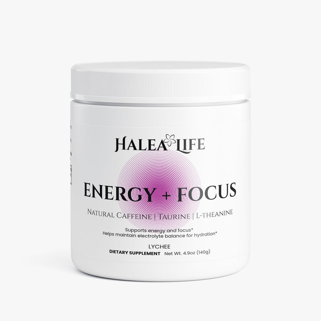 Halea Life Energy Focus Hydration Drink Mix Lychee front label with caffeine and electrolyte blend