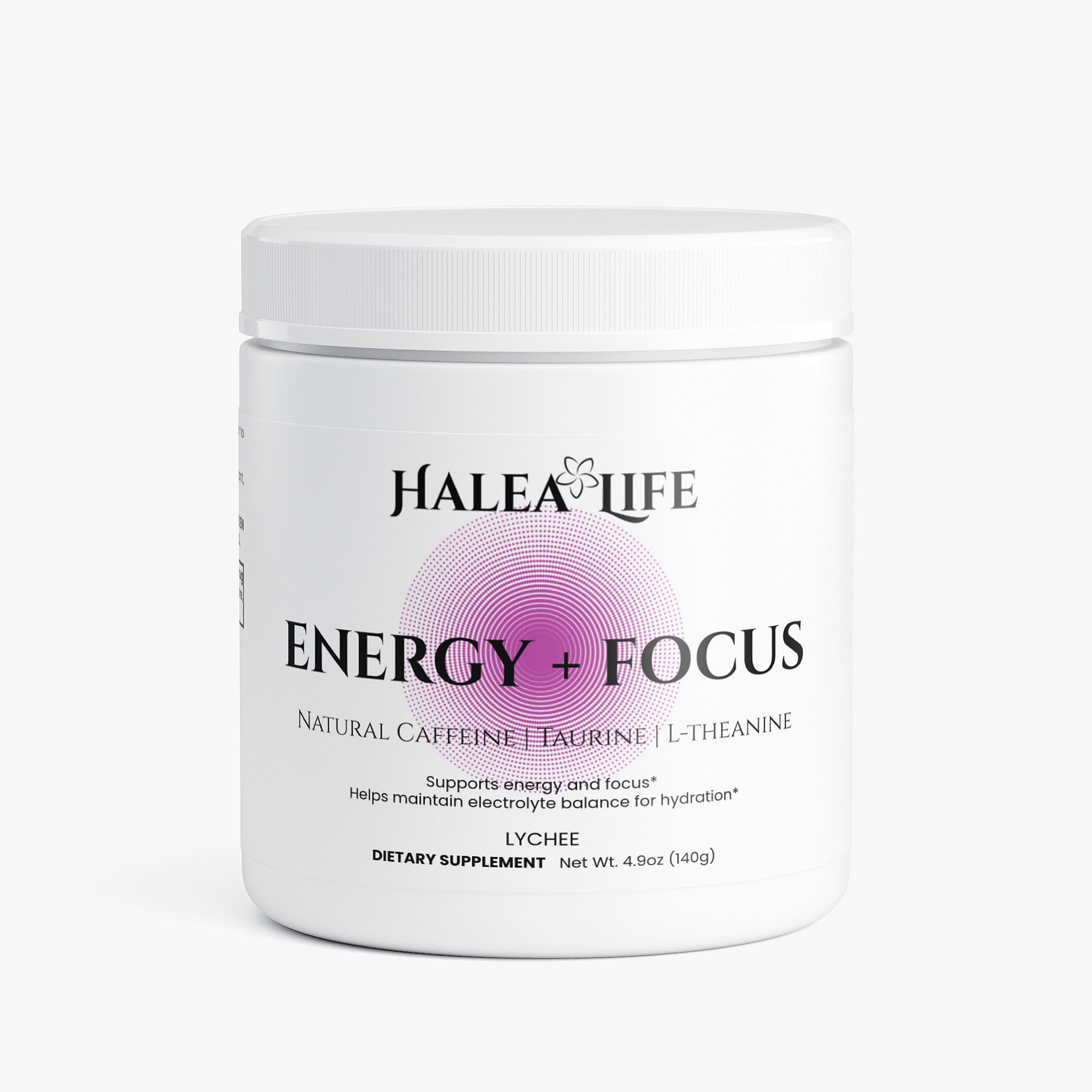 Halea Life Energy Focus Hydration Drink Mix Lychee front label with caffeine and electrolyte blend