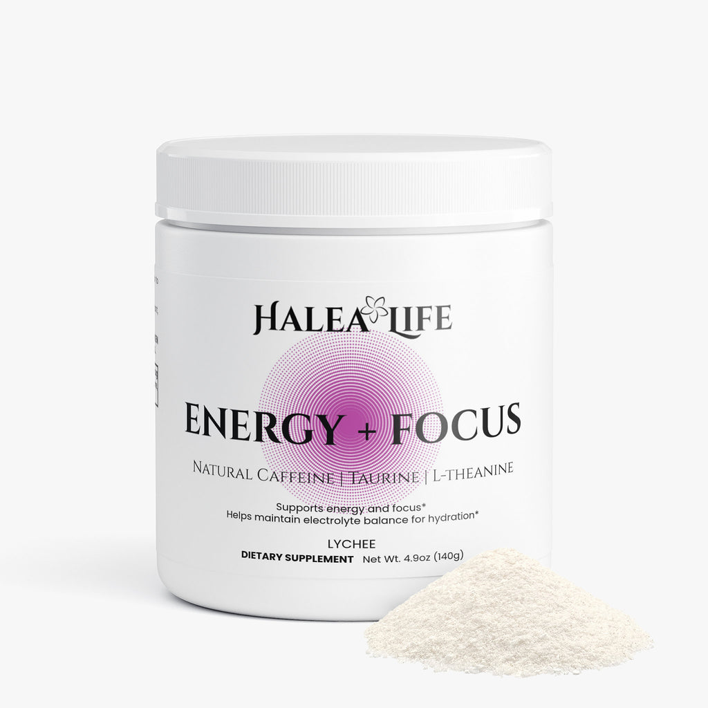 Halea Life Energy Focus Hydration Lychee supplement facts panel with L-theanine and B-vitamin complex