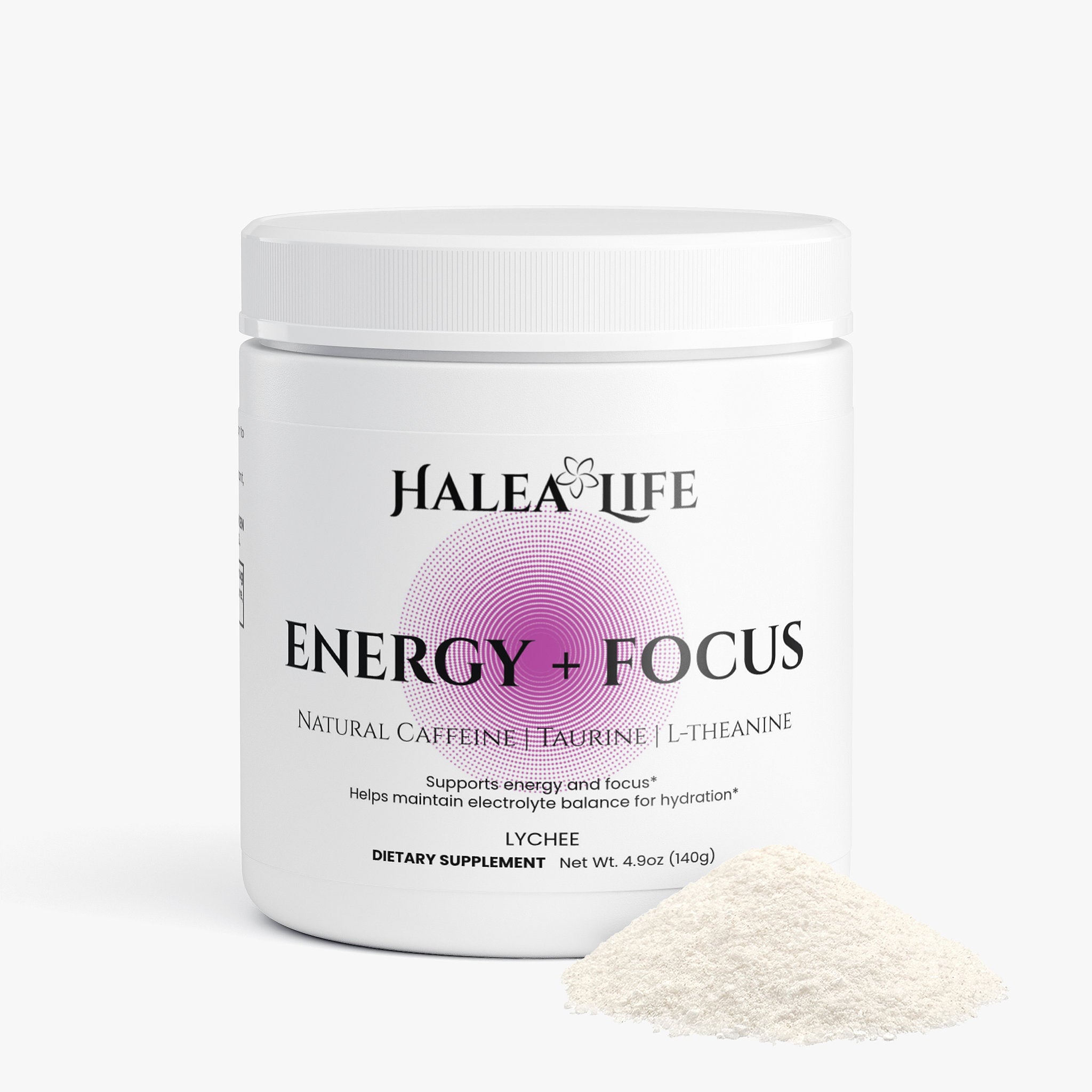 Halea Life Energy Focus Hydration Lychee supplement facts panel with L-theanine and B-vitamin complex