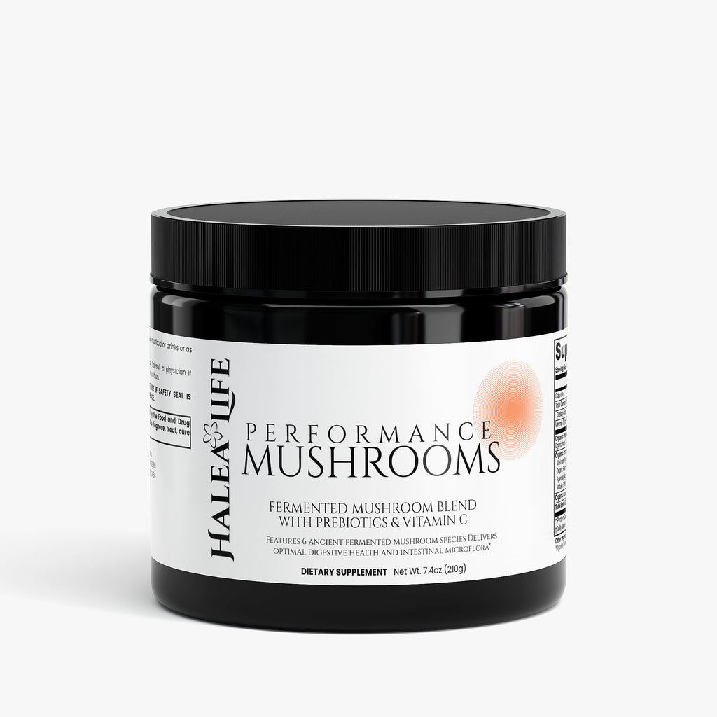 Halea Life Organic Fermented Mushroom Blend supplement facts panel with fermented mushroom blend per serving