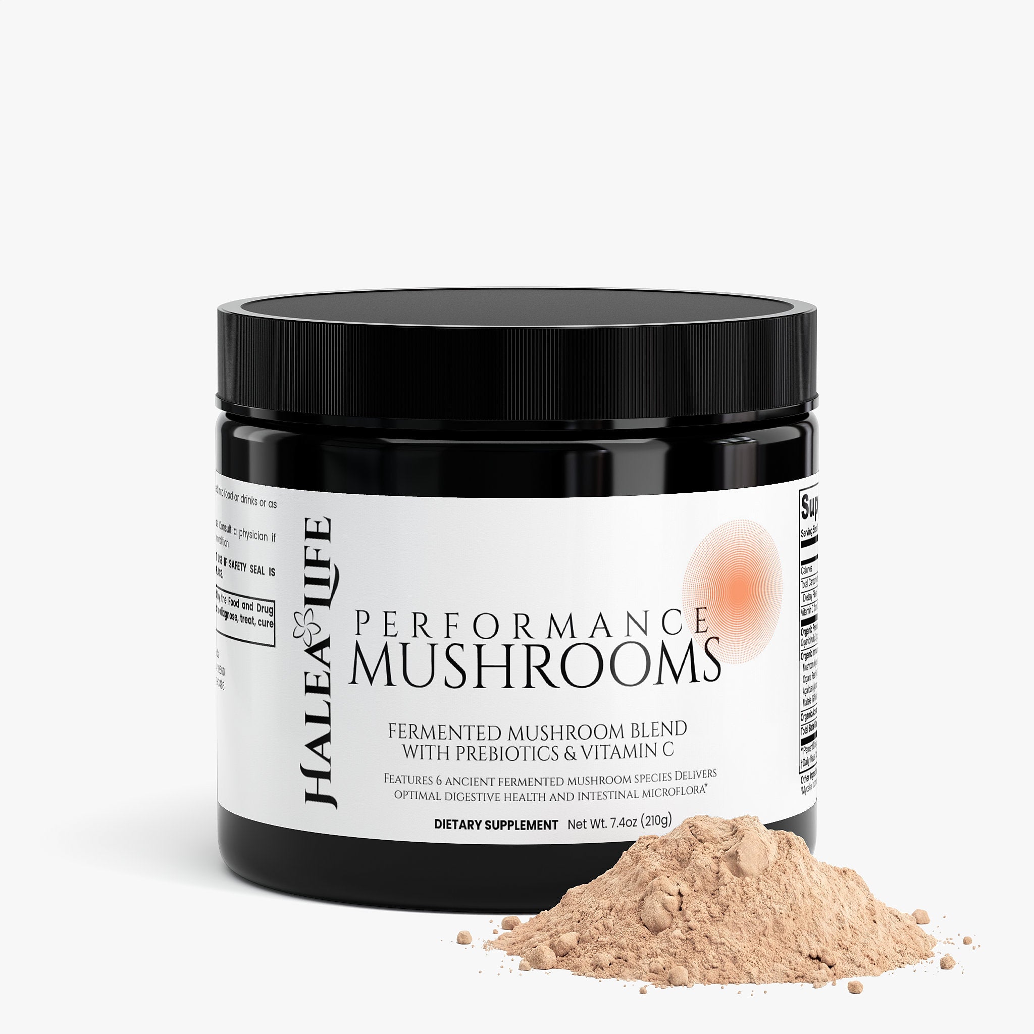 Container of Halea Life Performance Mushrooms supplement with powder on a white background