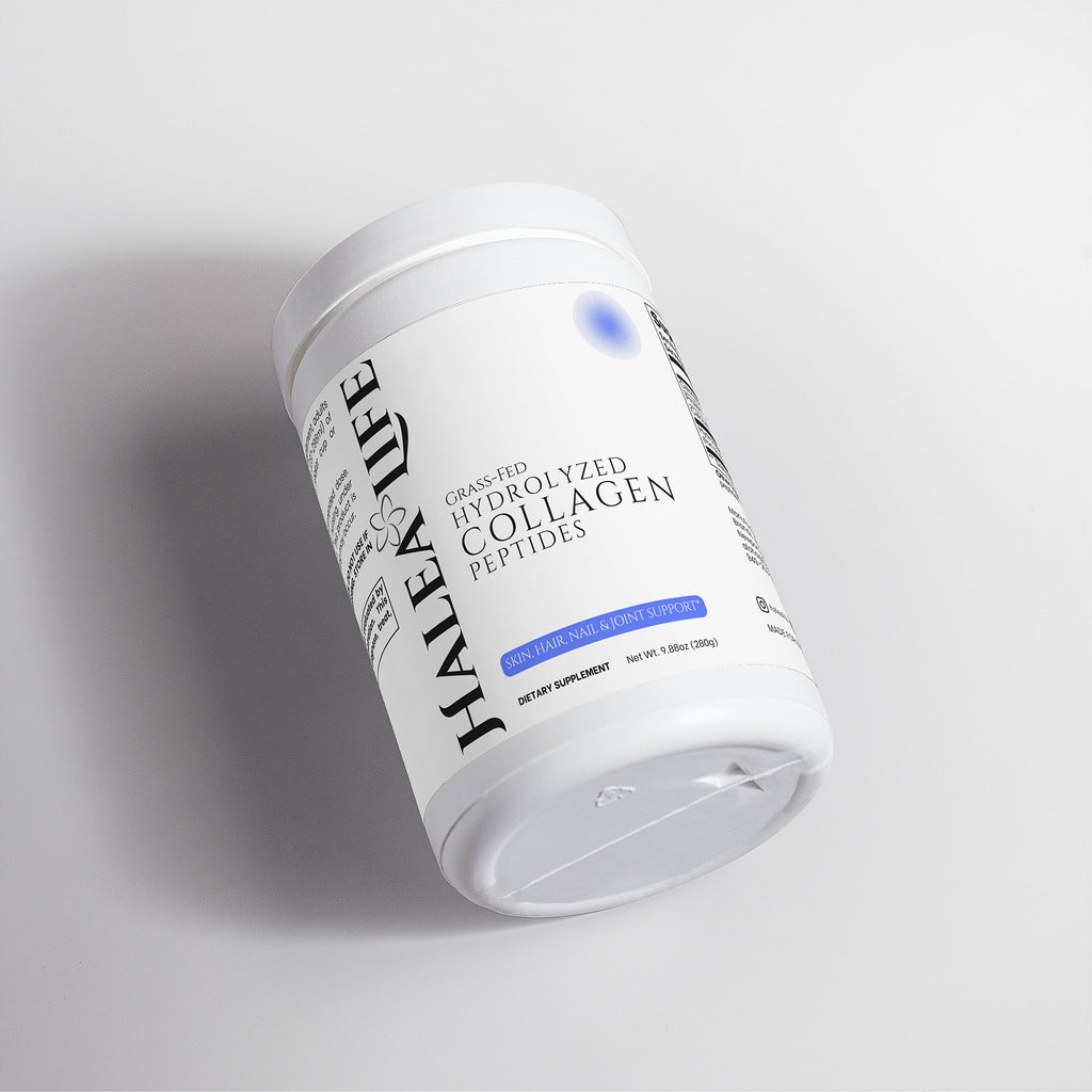 Halea Life Hydrolyzed Collagen Powder back label with sourcing information and usage instructions