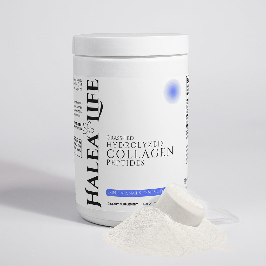 Halea Life Grass-Fed Collagen Powder side label with grass-fed certification and ingredient purity details
