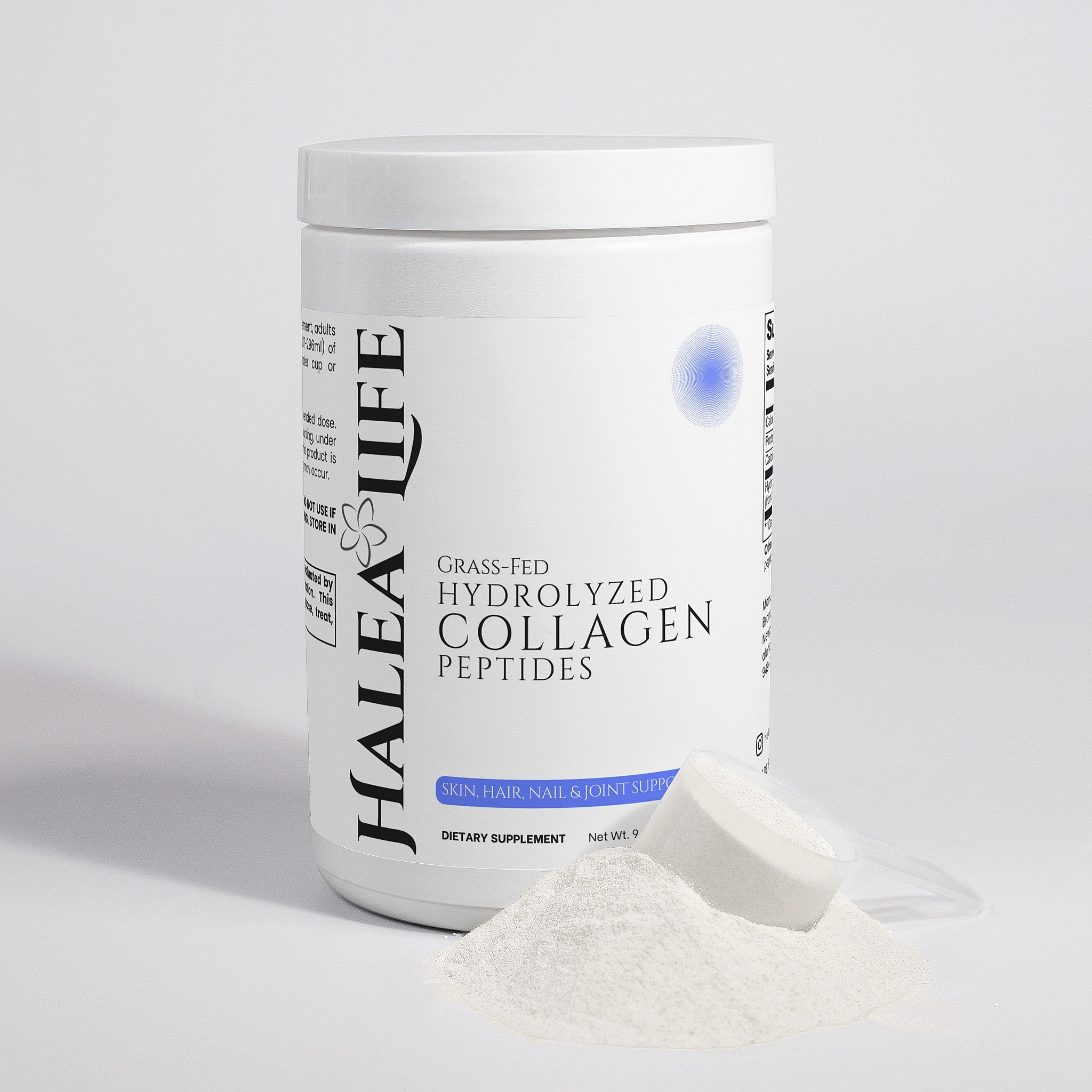 Halea Life Grass-Fed Collagen Powder side label with grass-fed certification and ingredient purity details