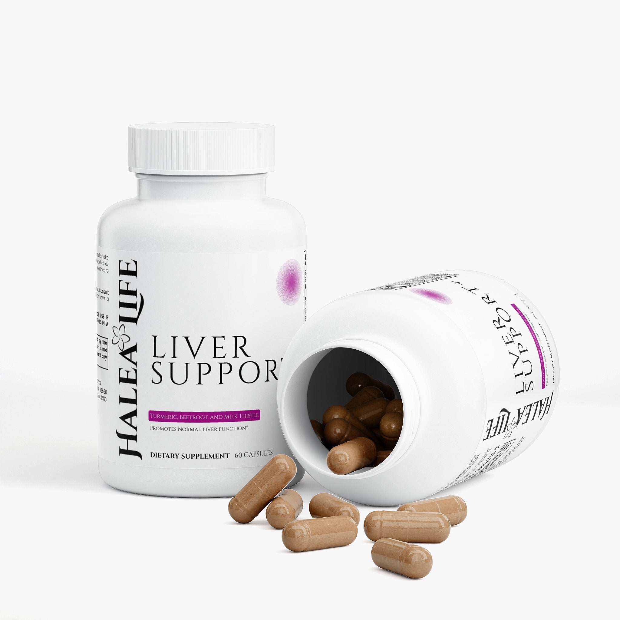 Halea Life Liver Support Capsules back label with detox blend directions and ingredient transparency