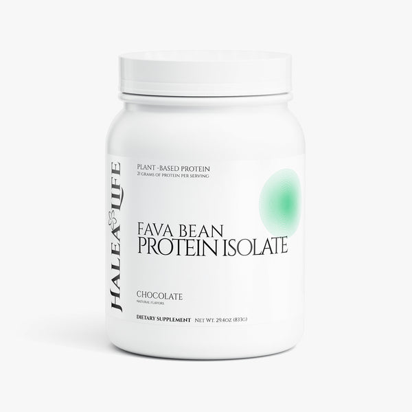 Halea Life Chocolate Plant-Based Protein Powder front label with fava bean and fermented yeast protein