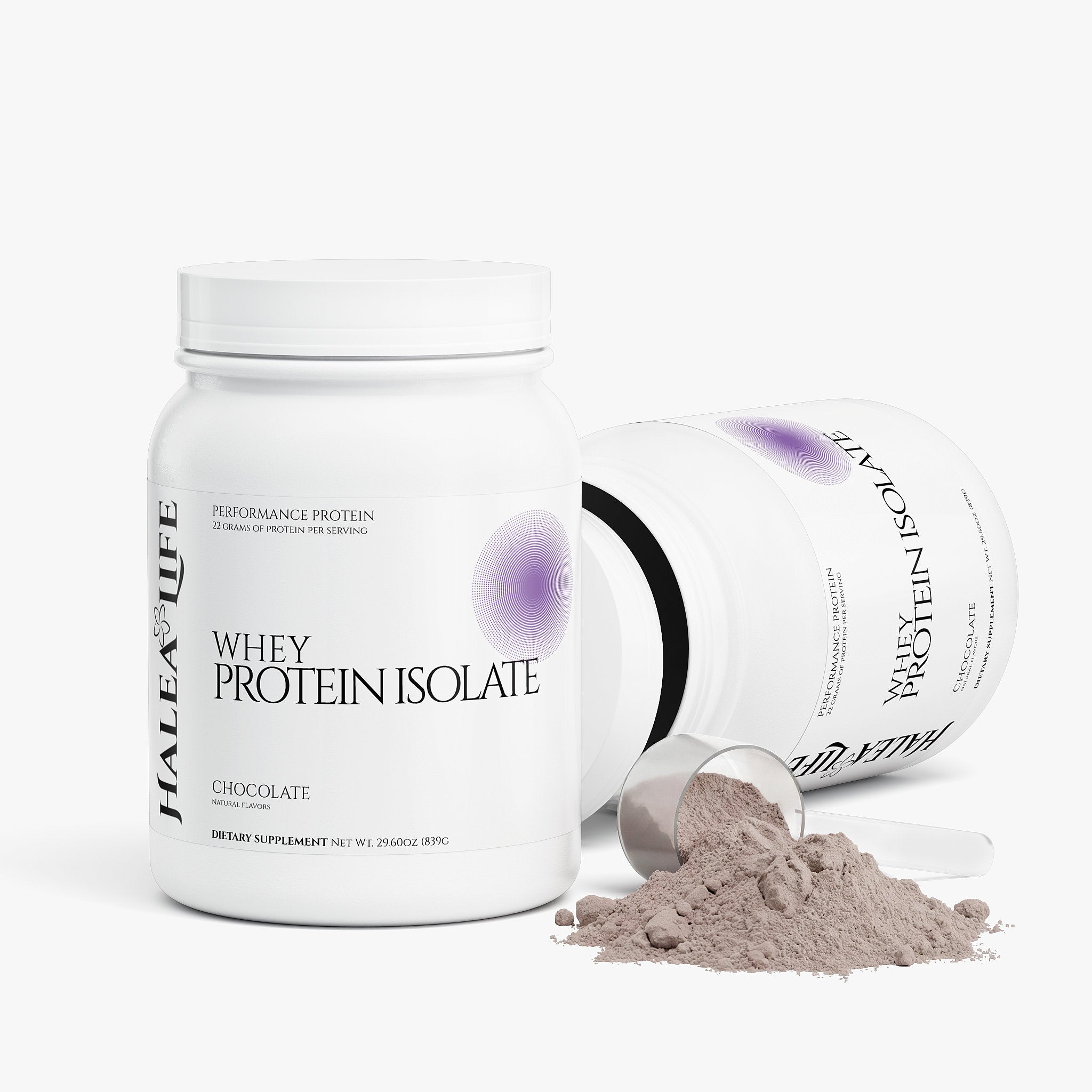 Halea Life Chocolate Performance Whey Protein Isolate back label with directions and amino acid profile