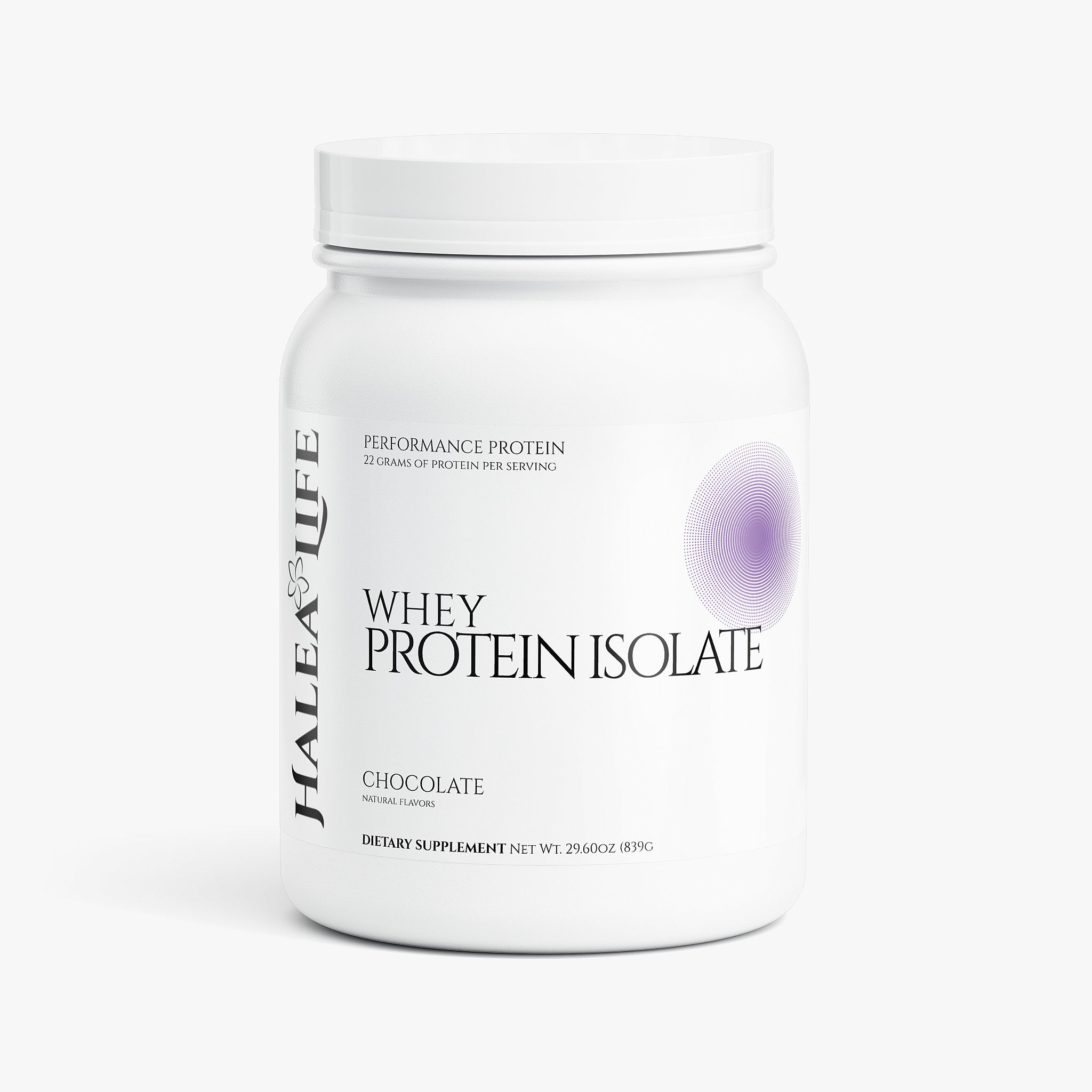 Halea Life Chocolate Performance Whey Protein Isolate front label for lean muscle building and recovery