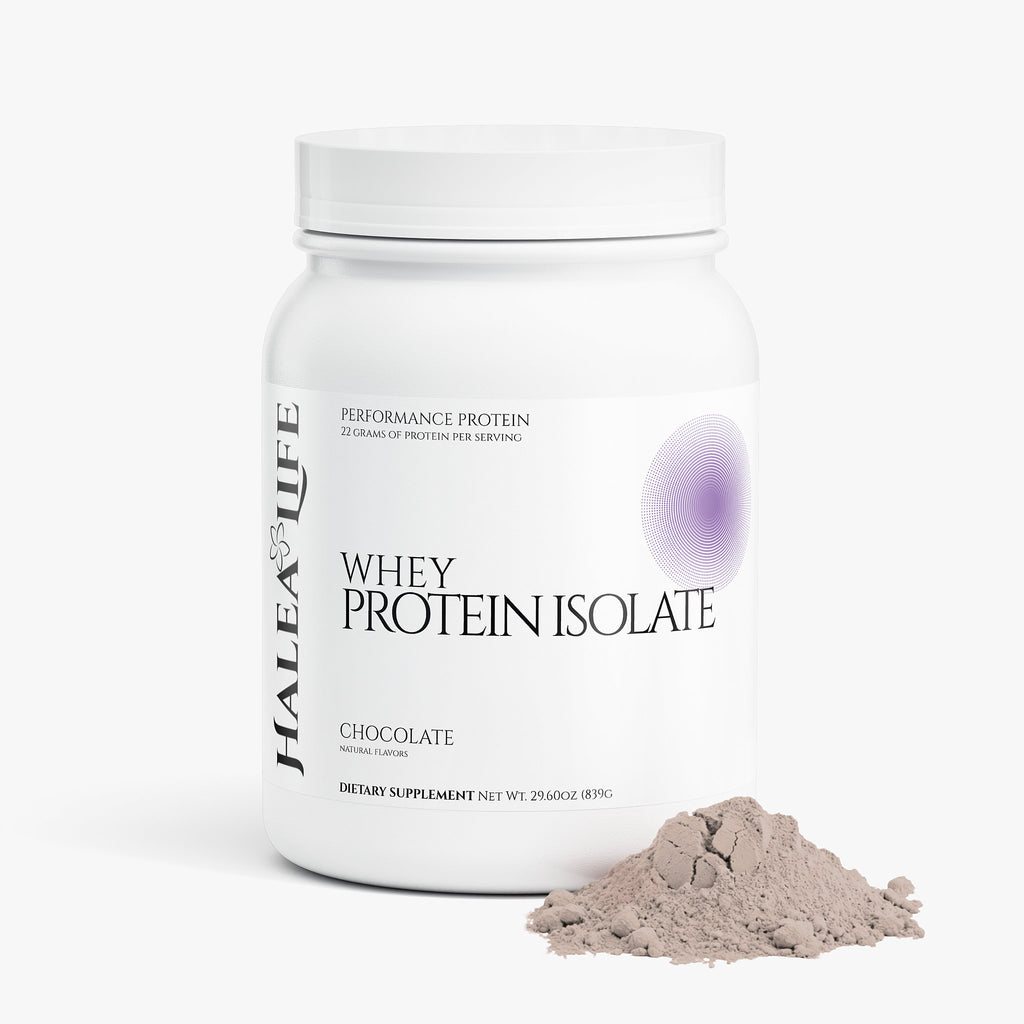 Halea Life Chocolate Performance Whey Protein Isolate supplement facts with 25g isolate protein per serving