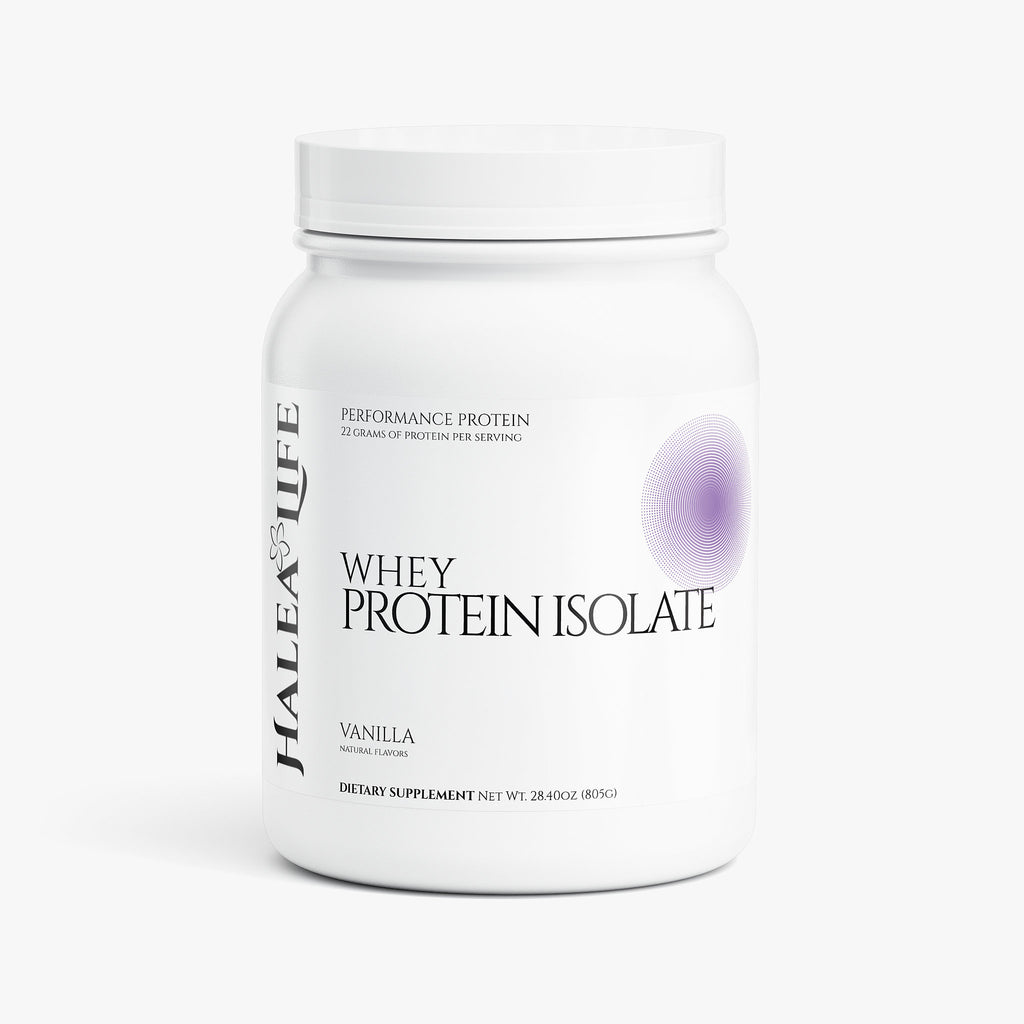 Halea Life Vanilla Performance Whey Protein Isolate front label for lean muscle growth and recovery support