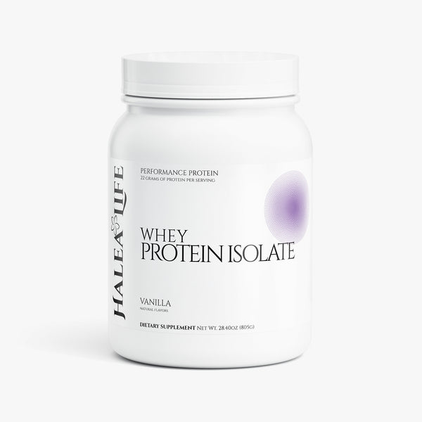 Halea Life Vanilla Performance Whey Protein Isolate front label for lean muscle growth and recovery support