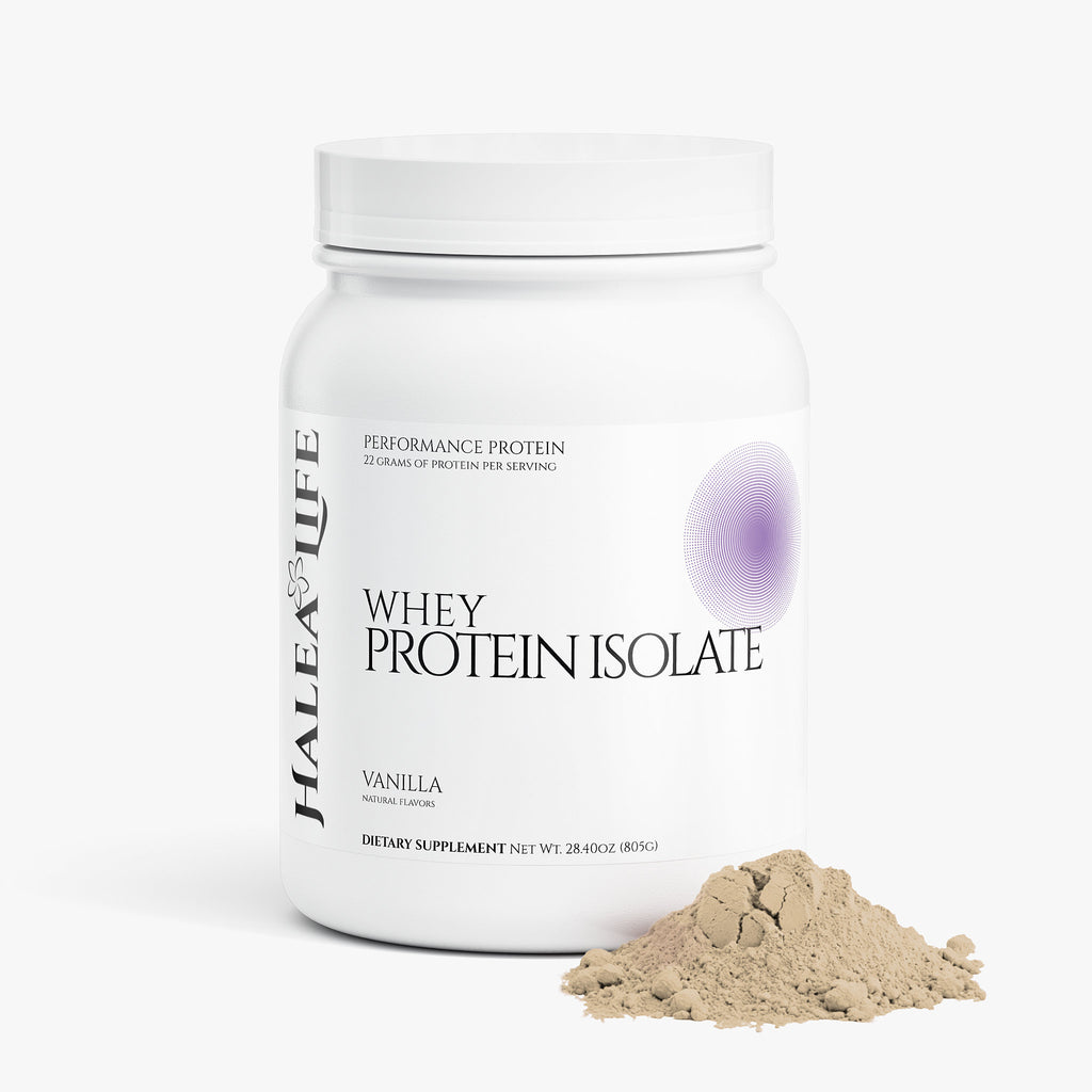 Halea Life Vanilla Performance Whey Protein Isolate supplement facts showing 25g protein per serving
