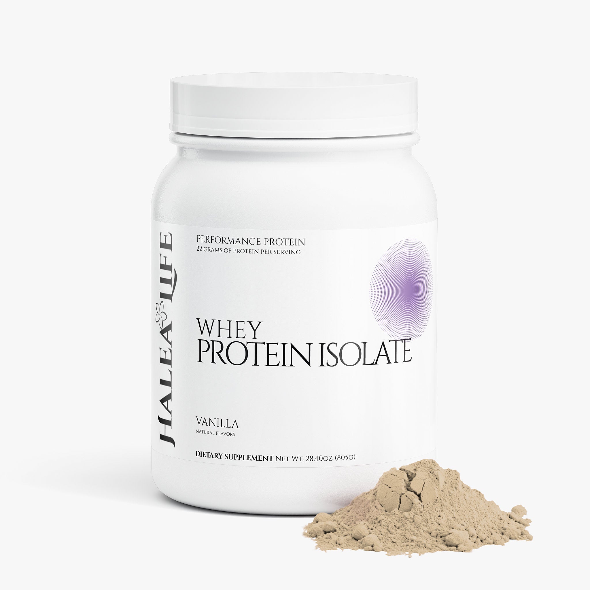 Halea Life Vanilla Performance Whey Protein Isolate supplement facts showing 25g protein per serving