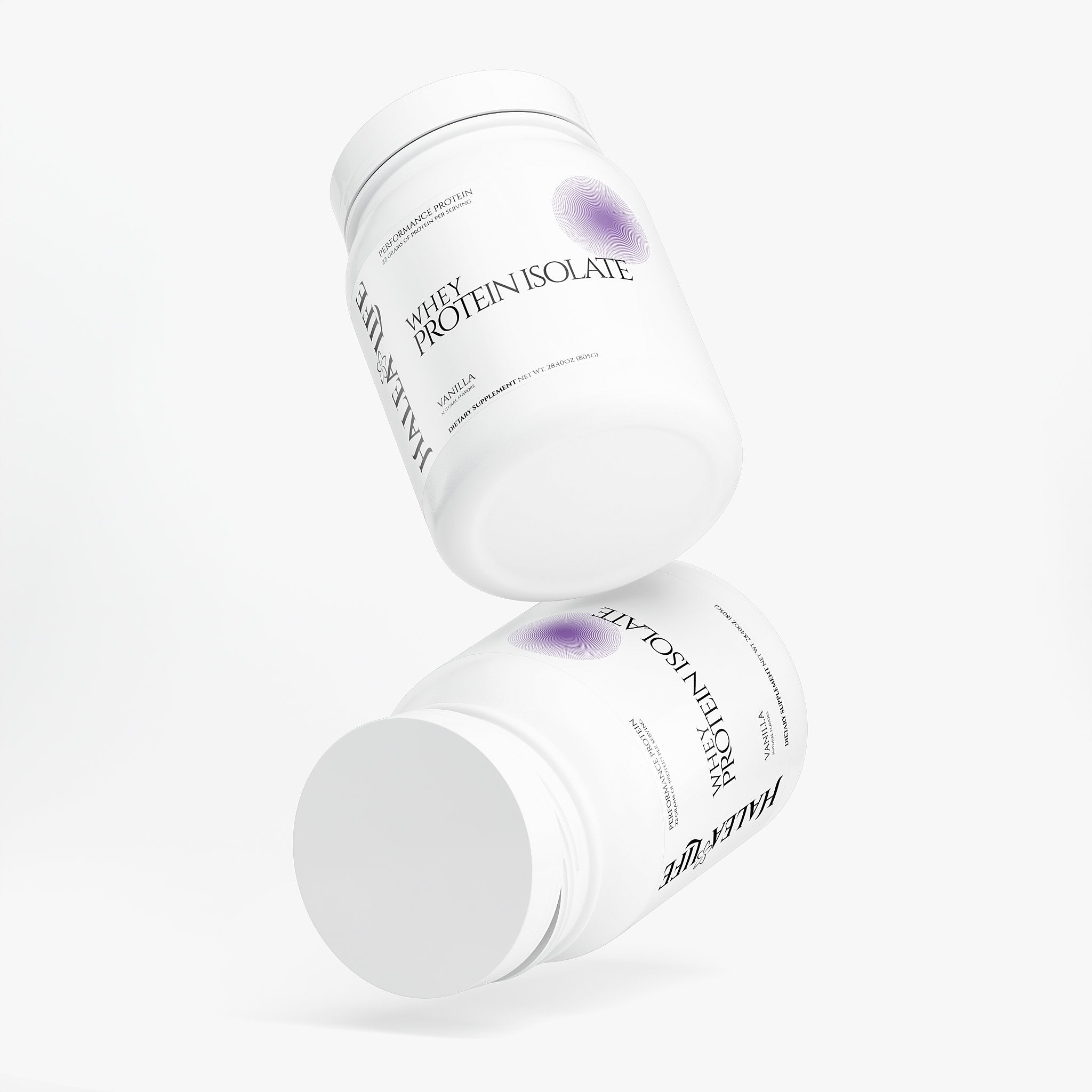 Halea Life Vanilla Performance Whey Isolate side label with cold-filtered processing and purity callouts