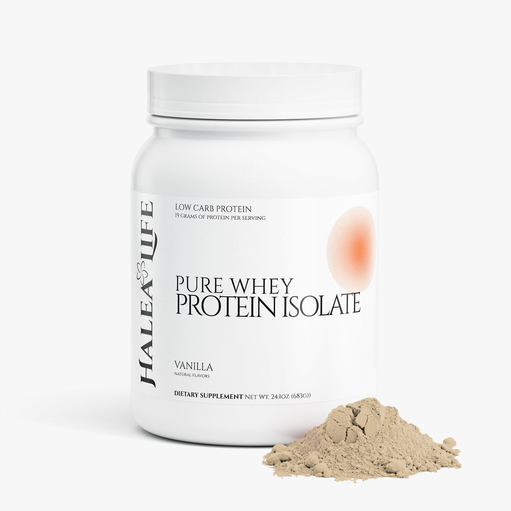 Halea Life Vanilla Pure Whey Protein Isolate supplement facts showing whey isolate grams per serving