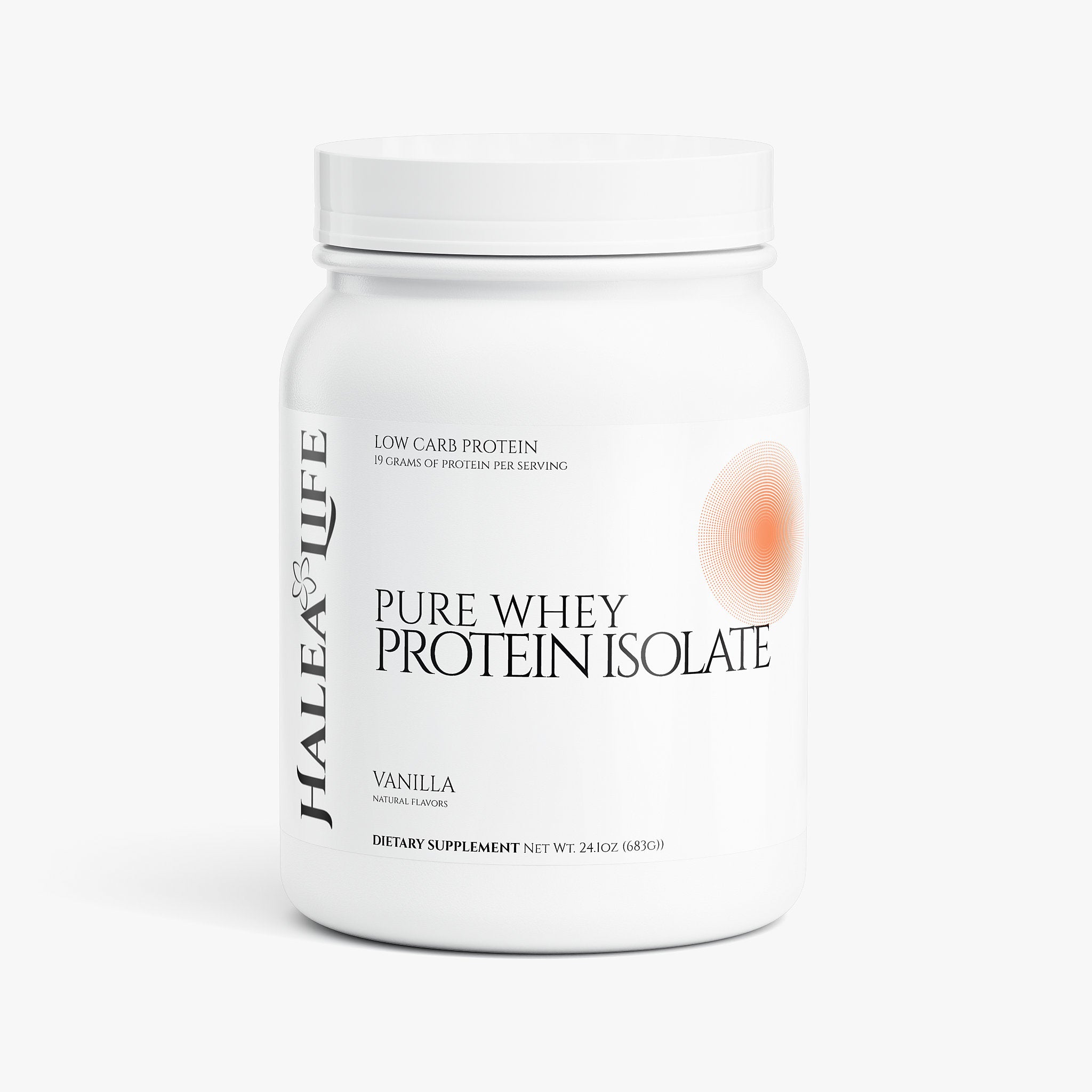 Halea Life Vanilla Pure Whey Protein Isolate front label for clean muscle building and daily protein support