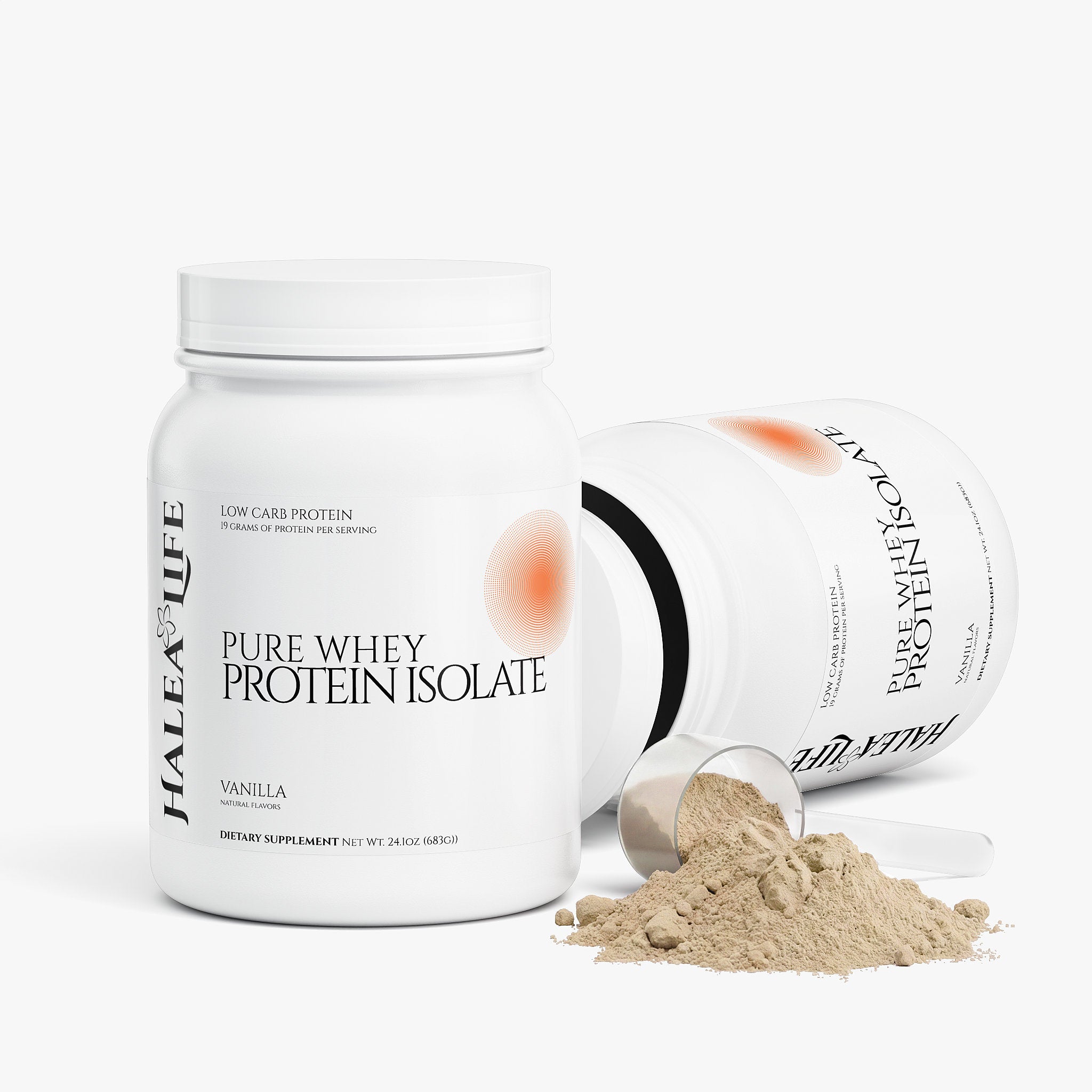 Halea Life Vanilla Pure Whey Protein Isolate back label with mixing directions and purity certification