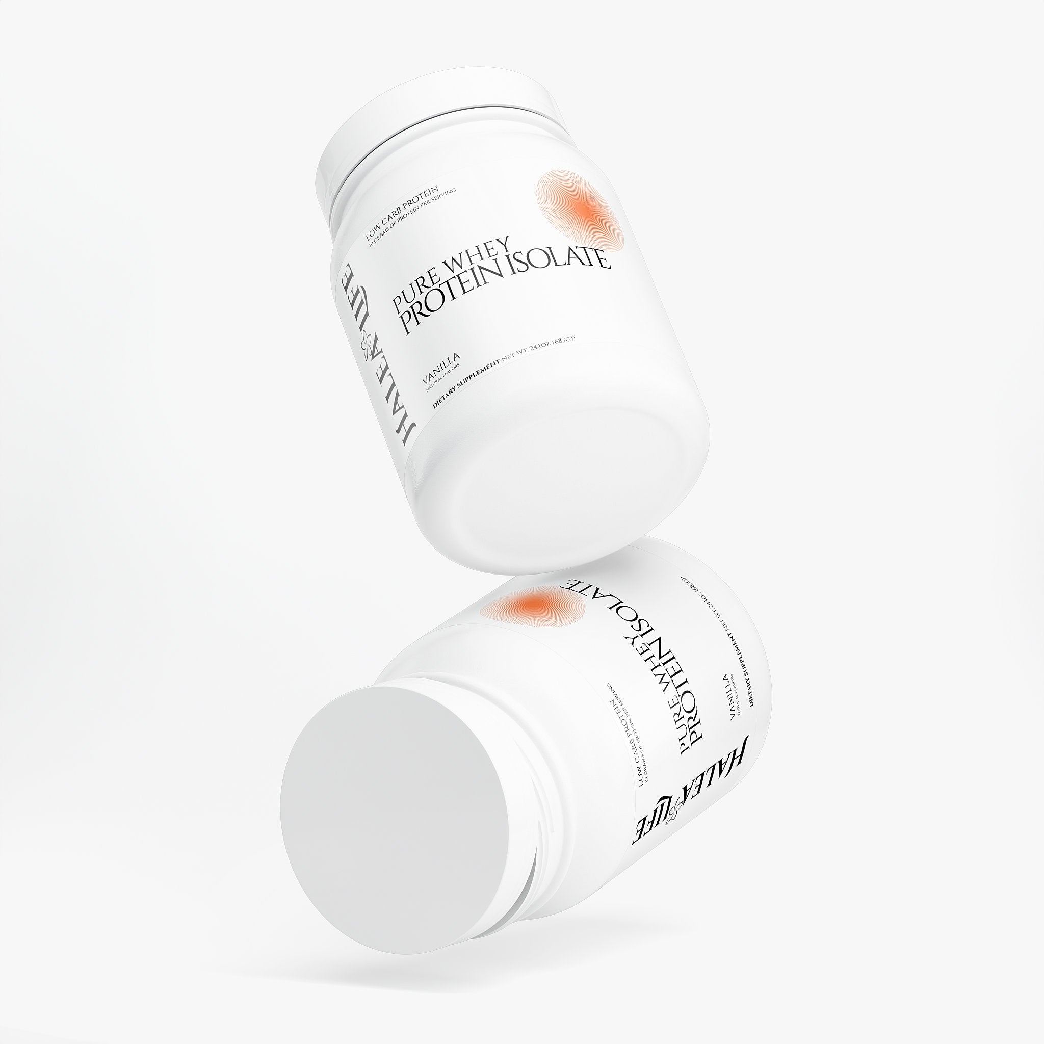 Halea Life Vanilla Pure Whey Isolate side label with cold-filtered protein and lactose-free callouts