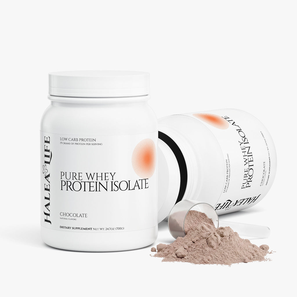 Halea Life Chocolate Pure Whey Protein Isolate back label with mixing instructions and usage directions
