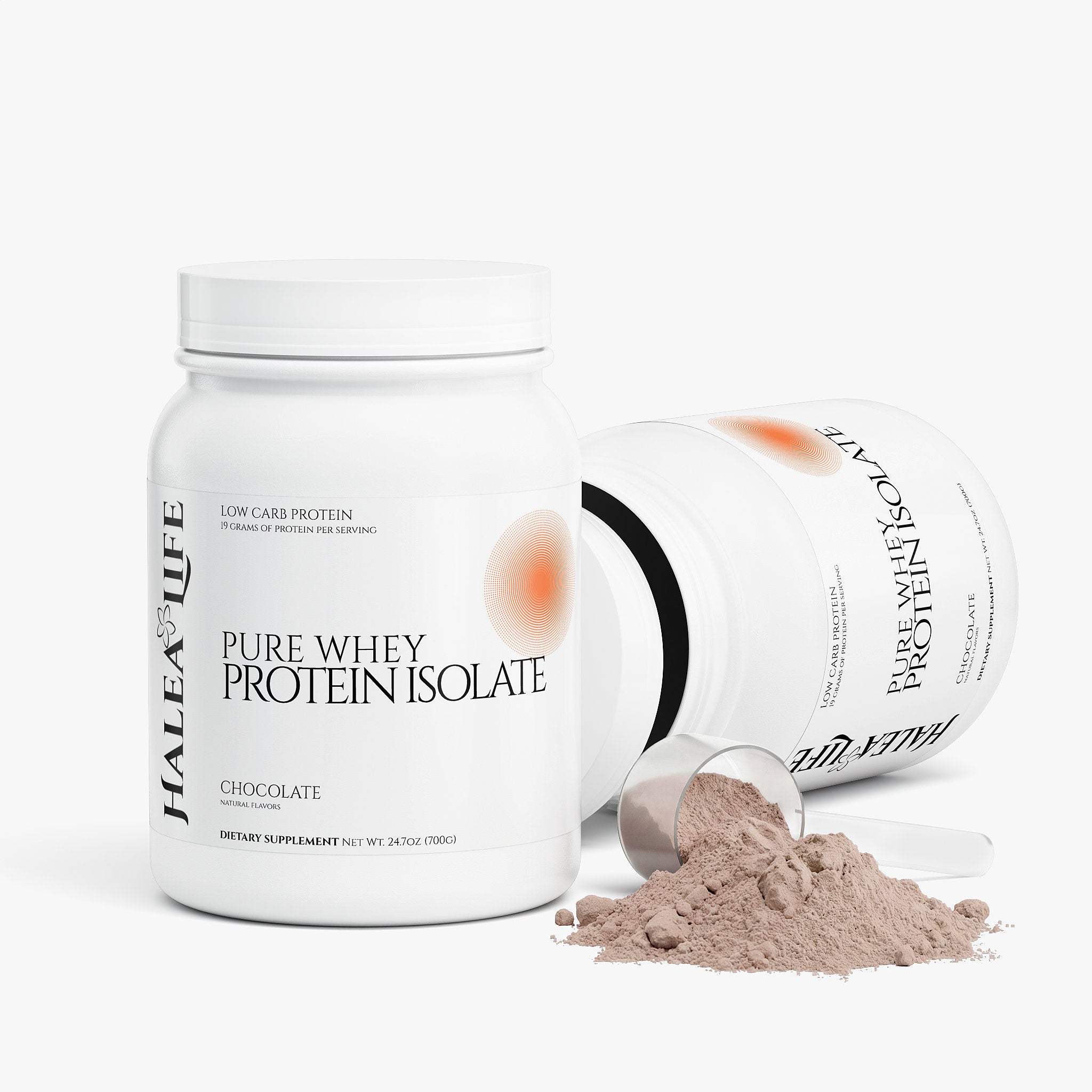 Halea Life Chocolate Pure Whey Protein Isolate back label with mixing instructions and usage directions