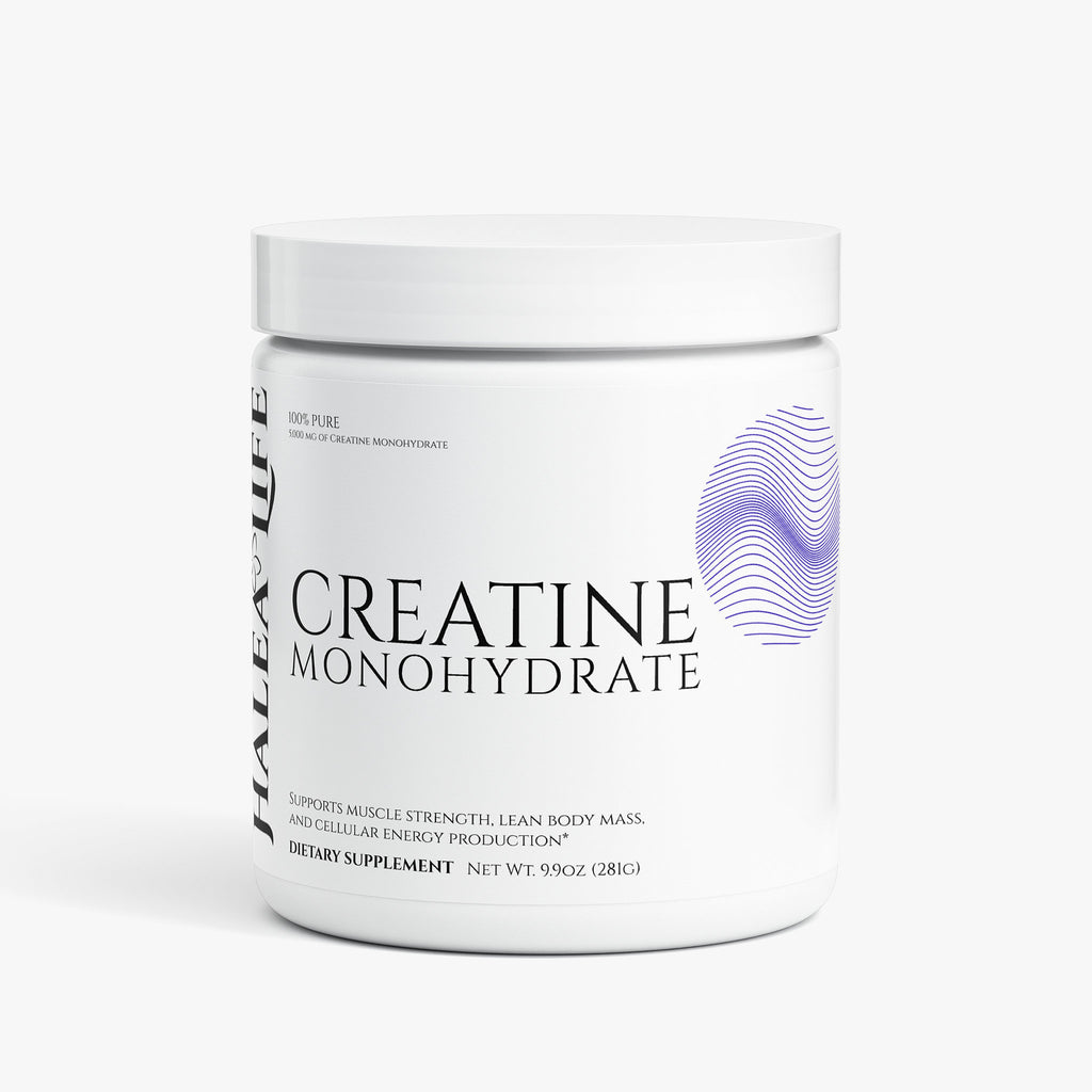 Halea Life 100 Percent Pure Creatine Monohydrate 5000mg front label for strength and muscle performance
