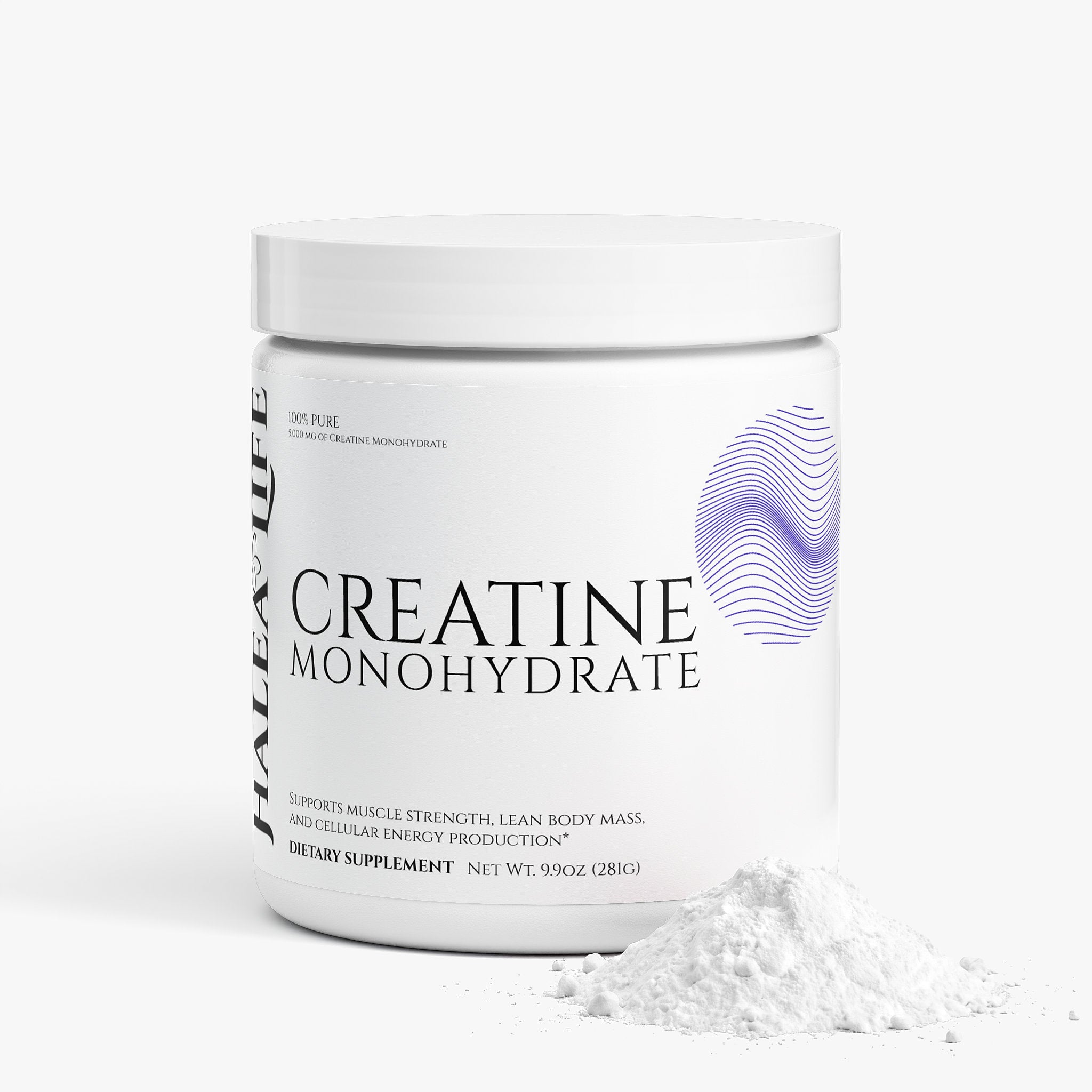 Halea Life Pure Creatine Monohydrate 5000mg supplement facts panel with 5g serving and purity details