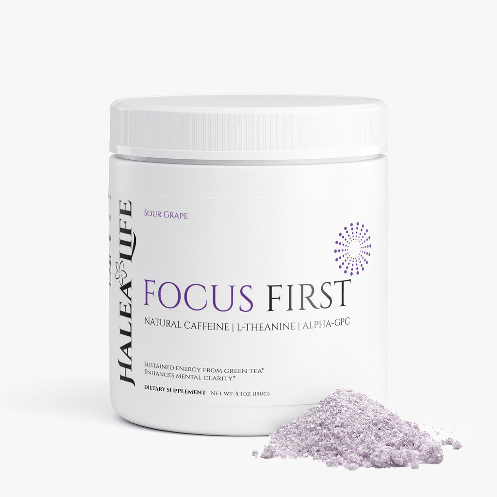 Halea Life Focus First Sour Grape supplement facts panel with alpha-GPC lion's mane and caffeine dosage