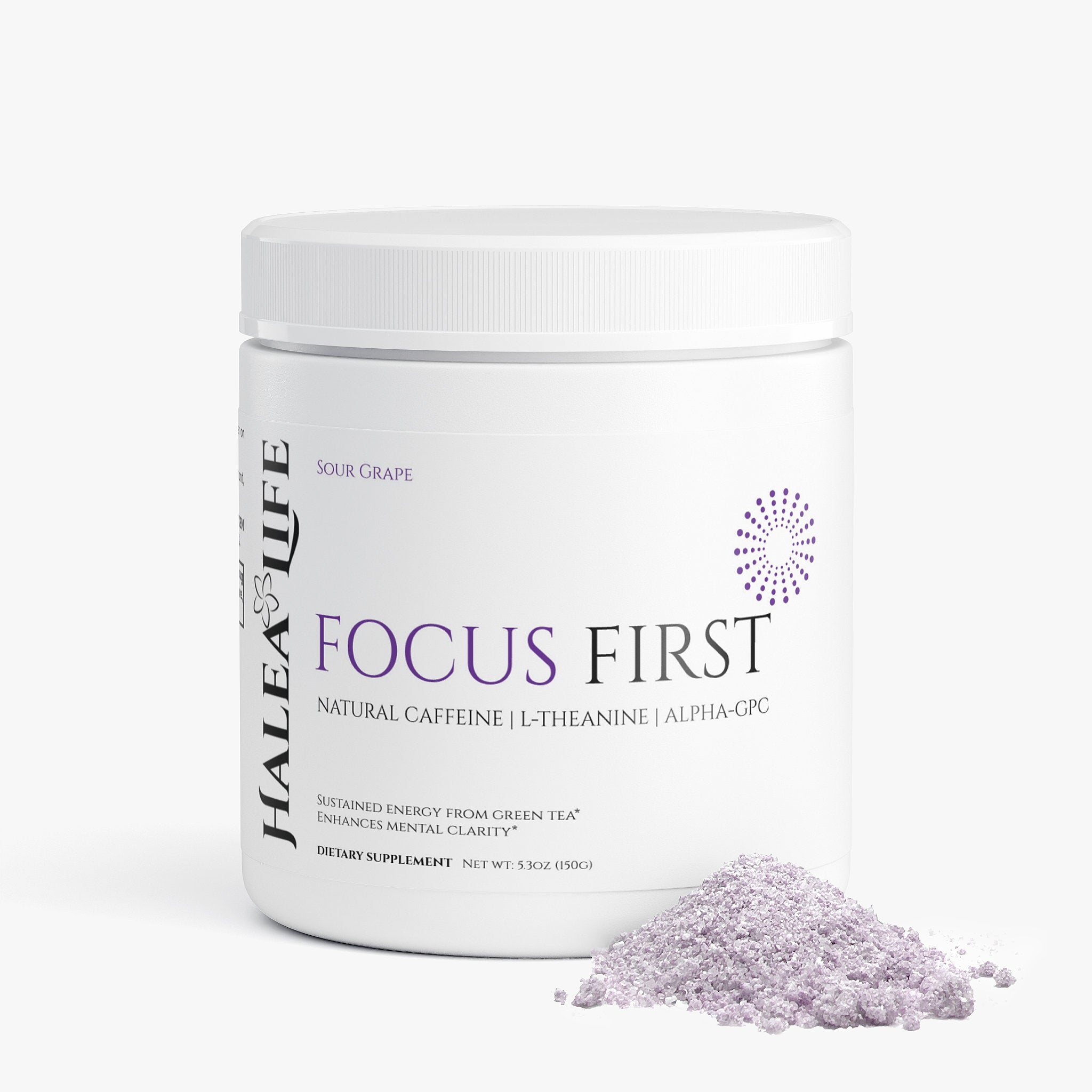 Halea Life Focus First Sour Grape supplement facts panel with alpha-GPC lion's mane and caffeine dosage