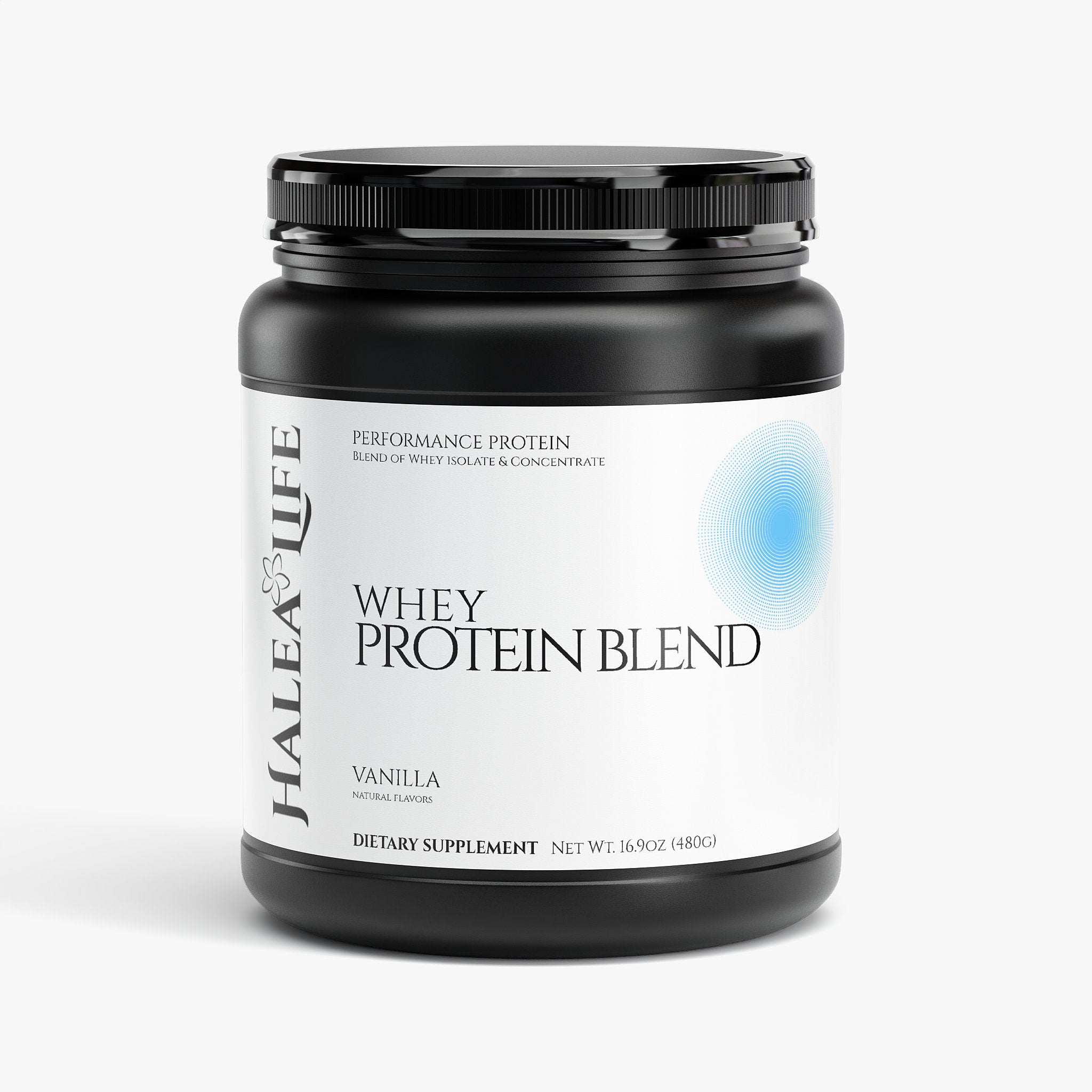 Halea Life Vanilla Whey Protein Blend Powder front label with 22g whey isolate and concentrate protein