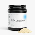 Halea Life Vanilla Whey Protein Blend supplement facts panel with 22g protein and Solnul resistant starch dosage
