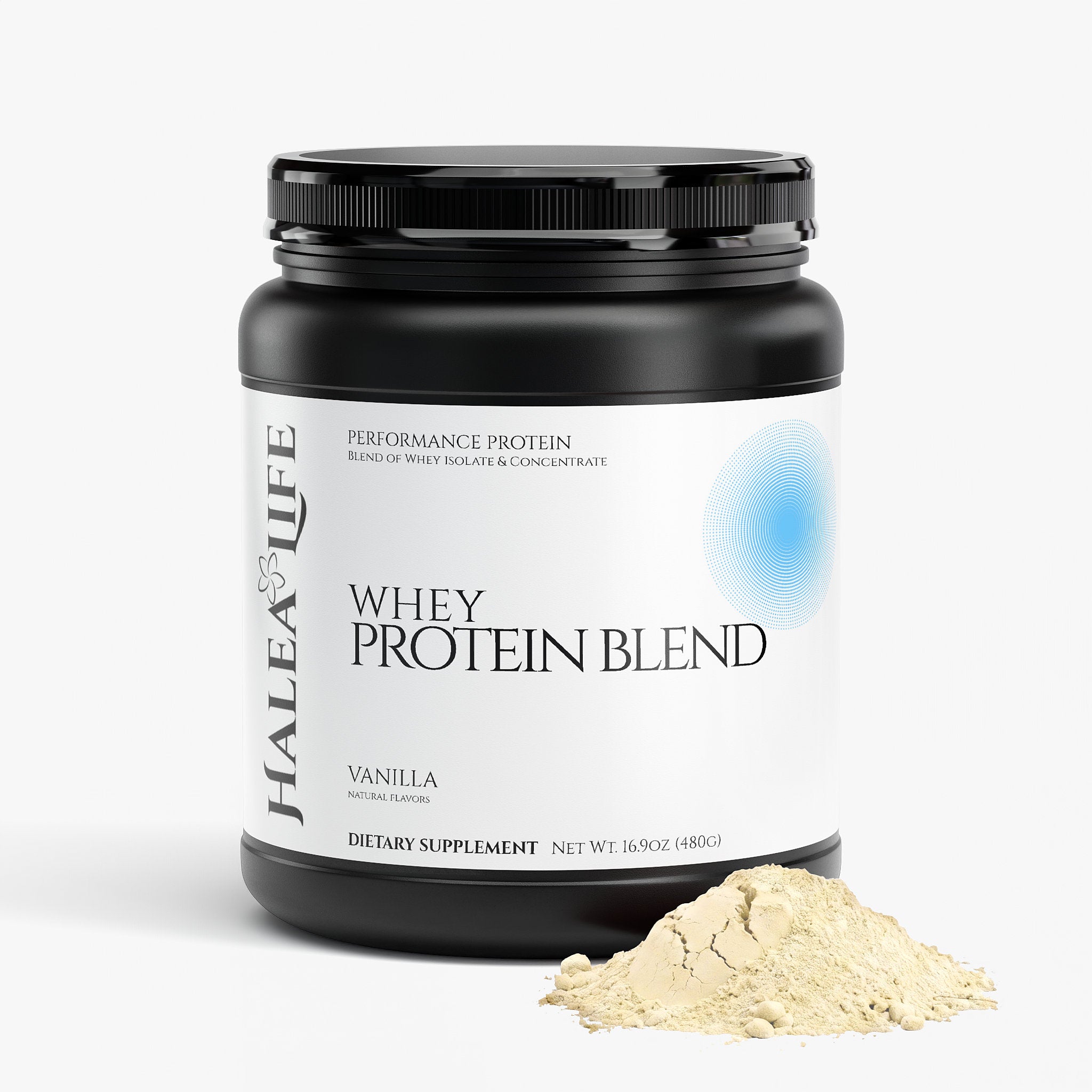 Halea Life Vanilla Whey Protein Blend supplement facts panel with 22g protein and Solnul resistant starch dosage