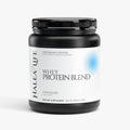 Halea Life Chocolate Whey Protein Blend Powder front label with 22g whey isolate and concentrate protein