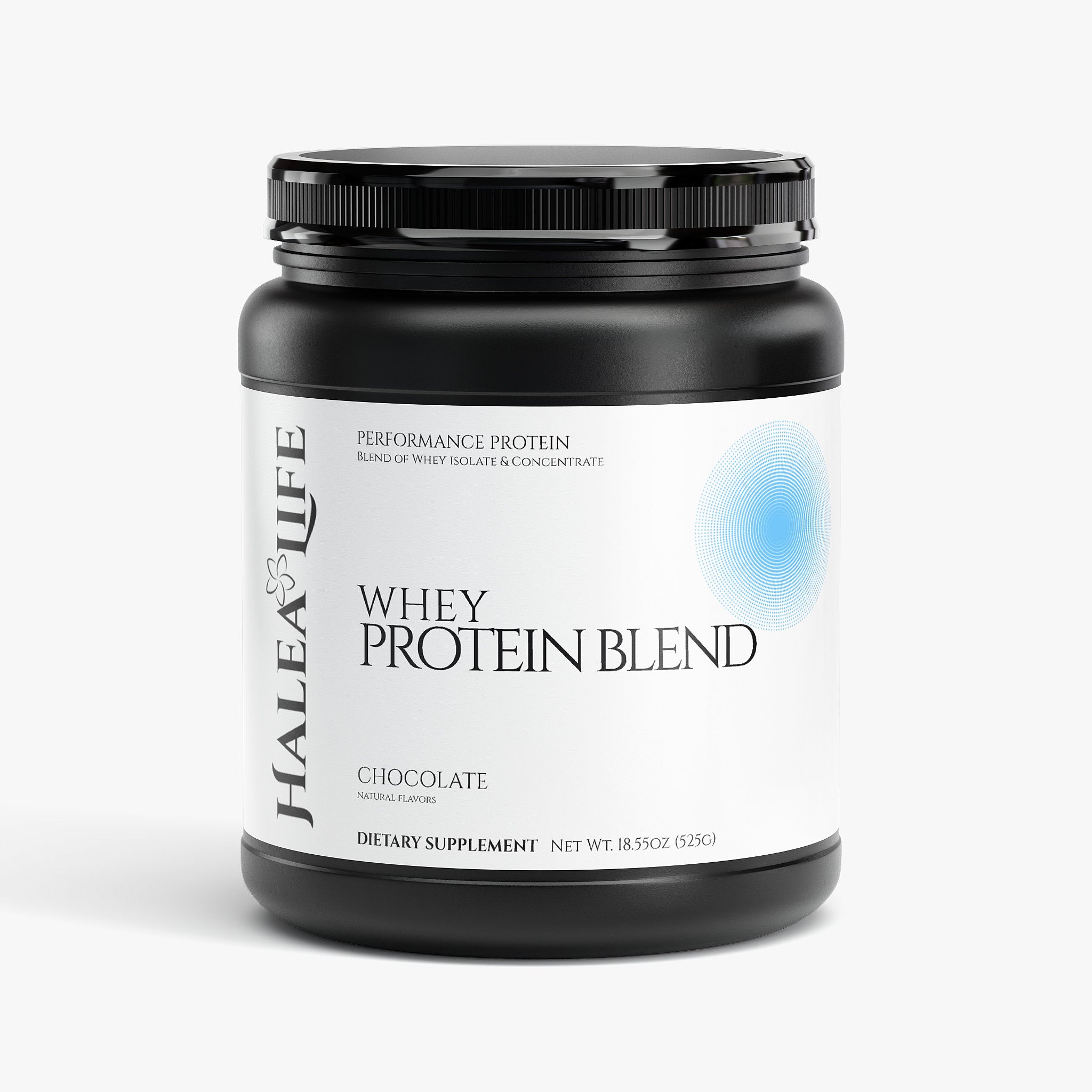 Halea Life Chocolate Whey Protein Blend Powder front label with 22g whey isolate and concentrate protein
