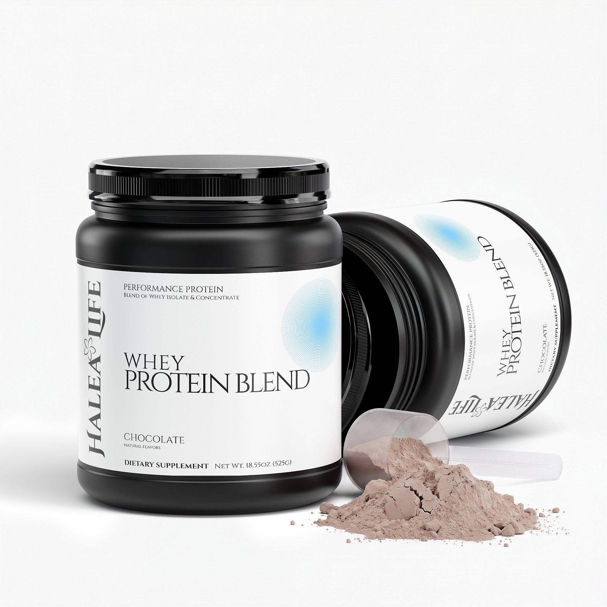 Halea Life Chocolate Whey Protein Blend back label with mixing directions and stevia sweetened ingredient list