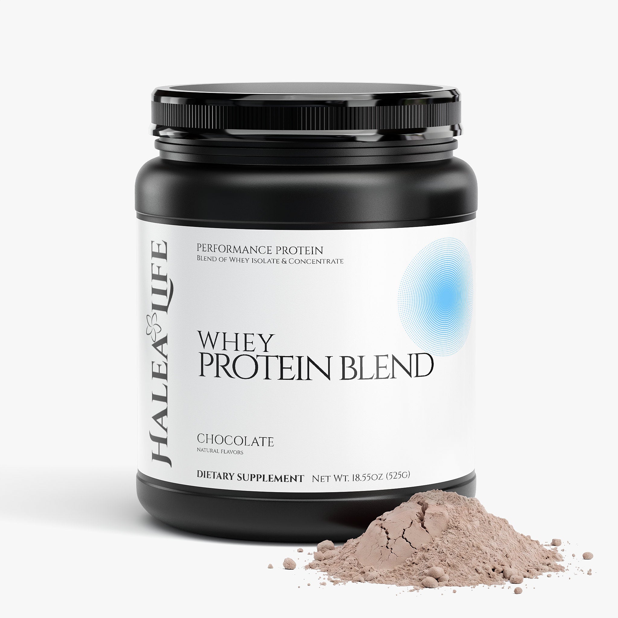 Halea Life Chocolate Whey Protein Blend supplement facts panel with 22g protein and Solnul resistant starch dosage