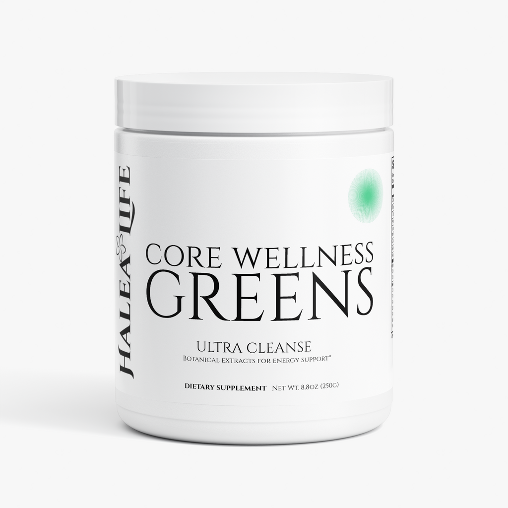 Halea Life Core Wellness Greens Superfood Powder front label with six blend categories and FOS prebiotic fiber