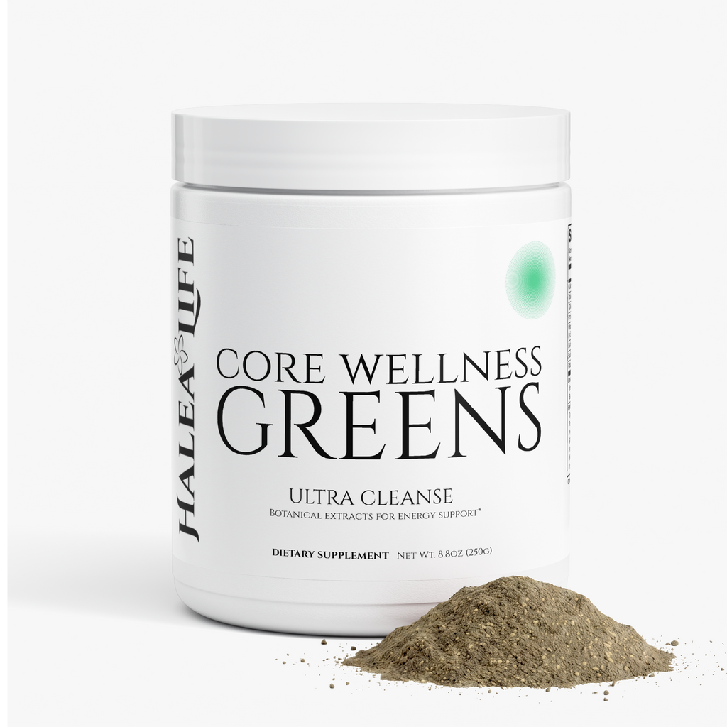 Halea Life Core Wellness Greens Superfood Powder supplement facts panel with Sea Vegetable Blend and Green Grass Blend dosage