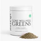 Halea Life Core Wellness Greens Superfood Powder supplement facts panel with Sea Vegetable Blend and Green Grass Blend dosage
