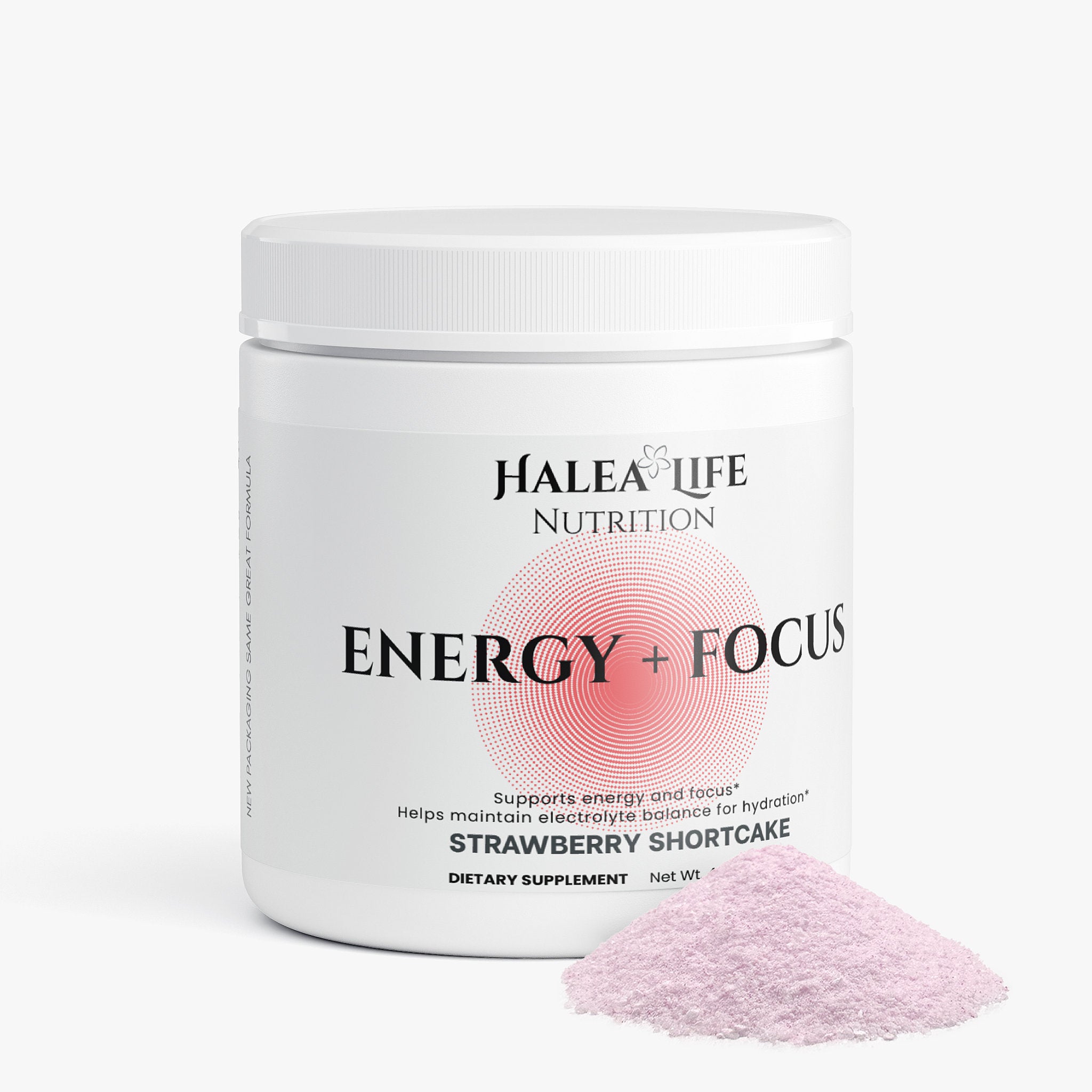 Dietary supplement container labeled 'Halea Life Nutrition Energy + Focus' with strawberry shortcake flavor on a white background.