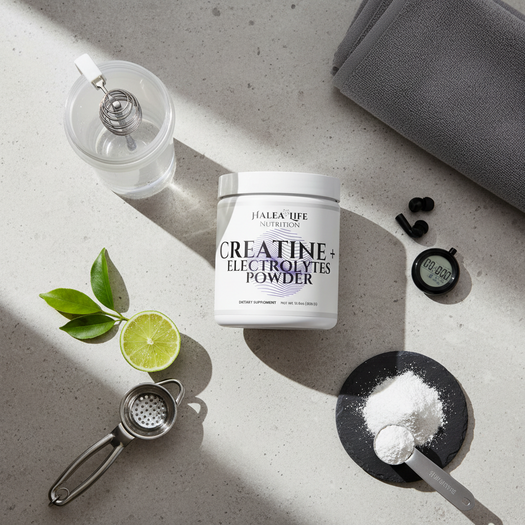 Creatine + Electrolytes powder container on a light surface with lime, leaves, and other items.