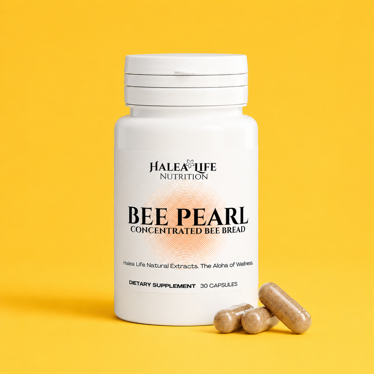 Bottle of Halea Life Nutrition Bee Pearl Concentrated Bee Bread supplement on a yellow background