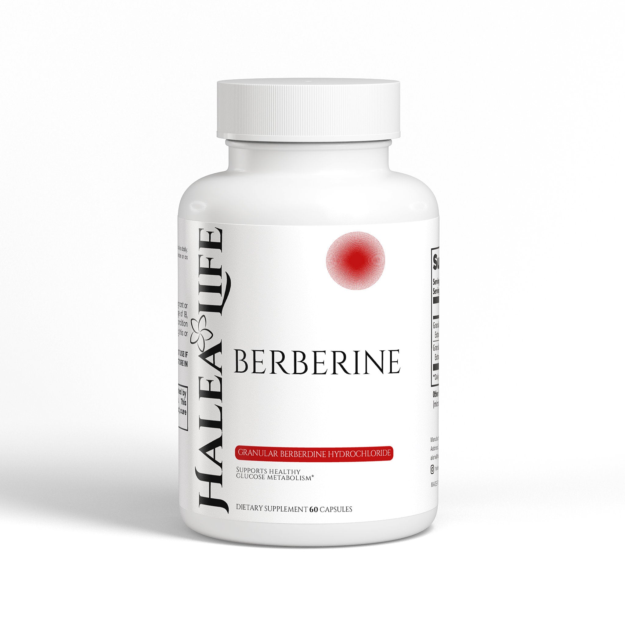 Halea Life Advanced Berberine Complex — dual-standardization formula: 790mg at 8% extract + 10mg at 97% extract, in a vegan cellulose capsule