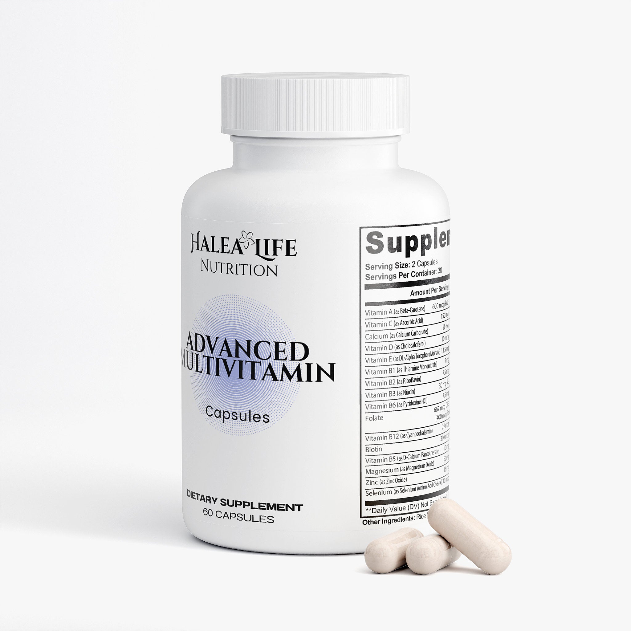 Halea Life Nutrition Advanced Multivitamin bottle with capsules on a white background